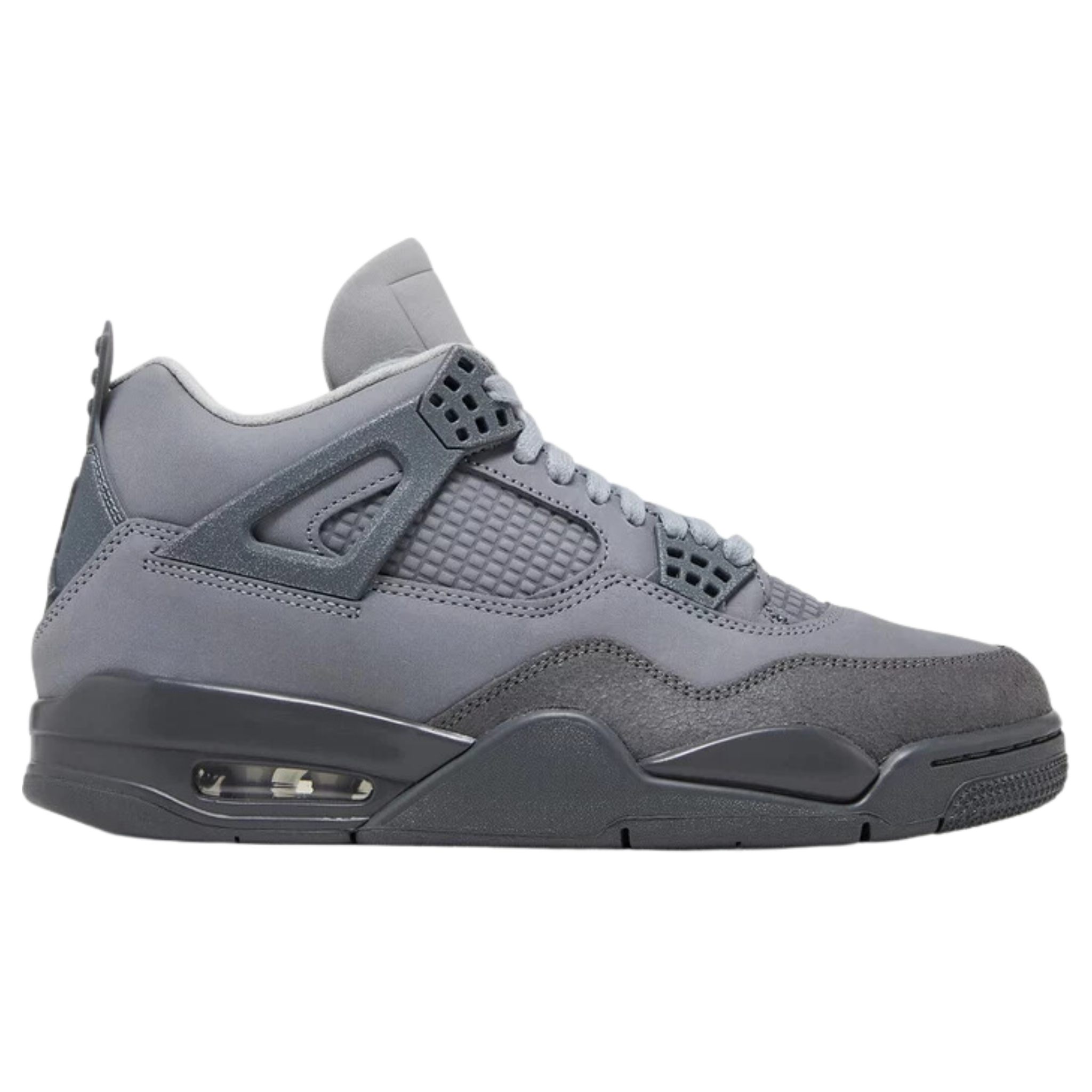 Air Jordan 4 Retro SE 'Wet Cement' (Paris Olympics) featuring a grey nubuck upper with a suede forefoot overlay and debossed grid pattern on the quarter panel. The sneaker includes speckled TPU support wings, a molded back tab with a raised Jumpman icon, a second Jumpman logo on the tongue, and a dark grey polyurethane midsole with visible Air-sole cushioning in the heel.