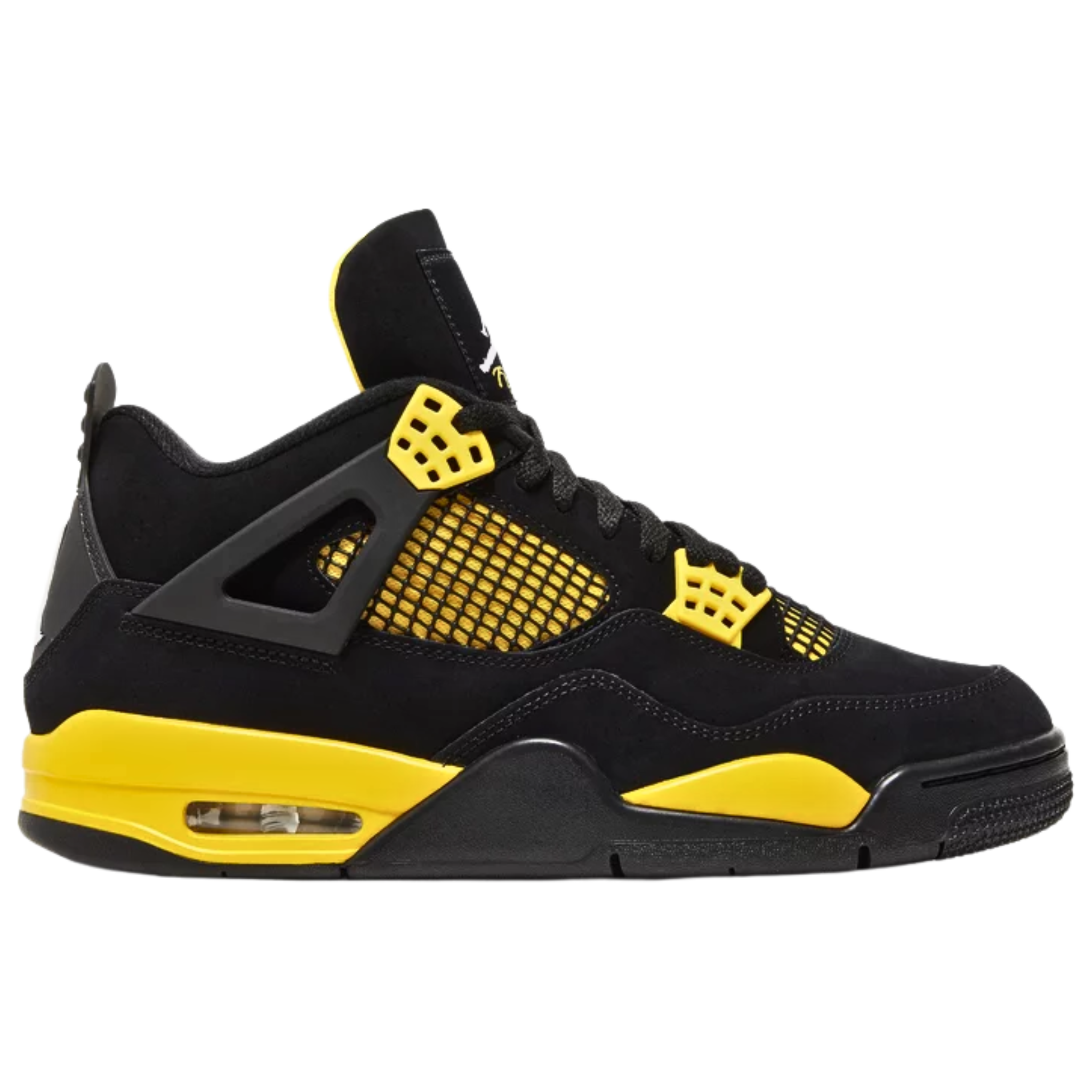 Air Jordan 4 Retro 'Thunder' (2023) featuring a smooth black nubuck upper with yellow accents on the molded eyelets, quarter panel, and lower tongue, all covered in black netting. The sneaker includes Jumpman branding on the Flight tongue tag and molded heel tab, a yellow polyurethane midsole with an exposed Air-sole unit in the heel for cushioning.