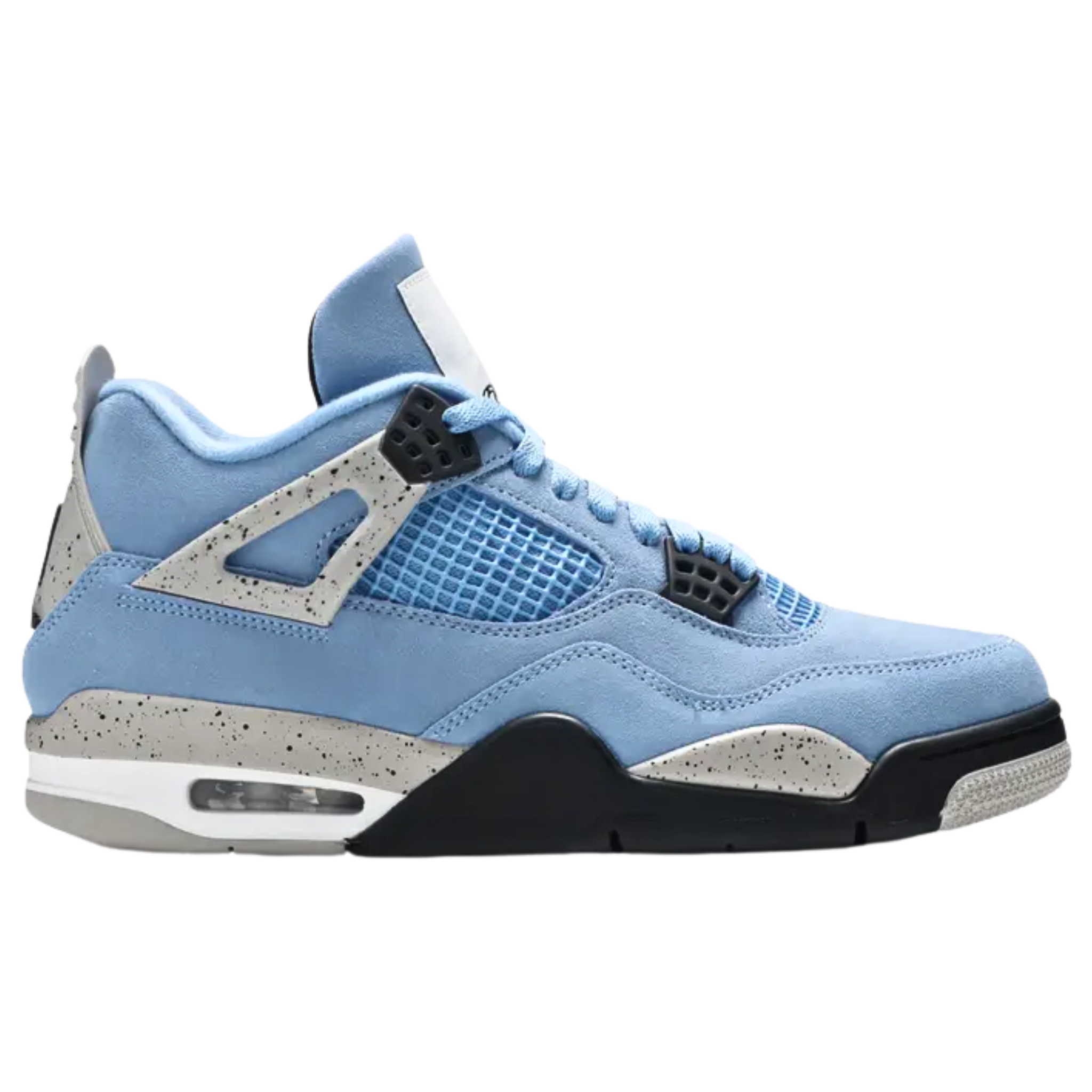 Air Jordan 4 Retro 'University Blue' featuring a suede upper in bright blue, contrasted by speckled grey supportive wings and back heel. The heel displays a raised black Jumpman icon, while secondary Jumpman branding appears on the woven tongue tag, designed to resemble a jock tag from Jordan jerseys.