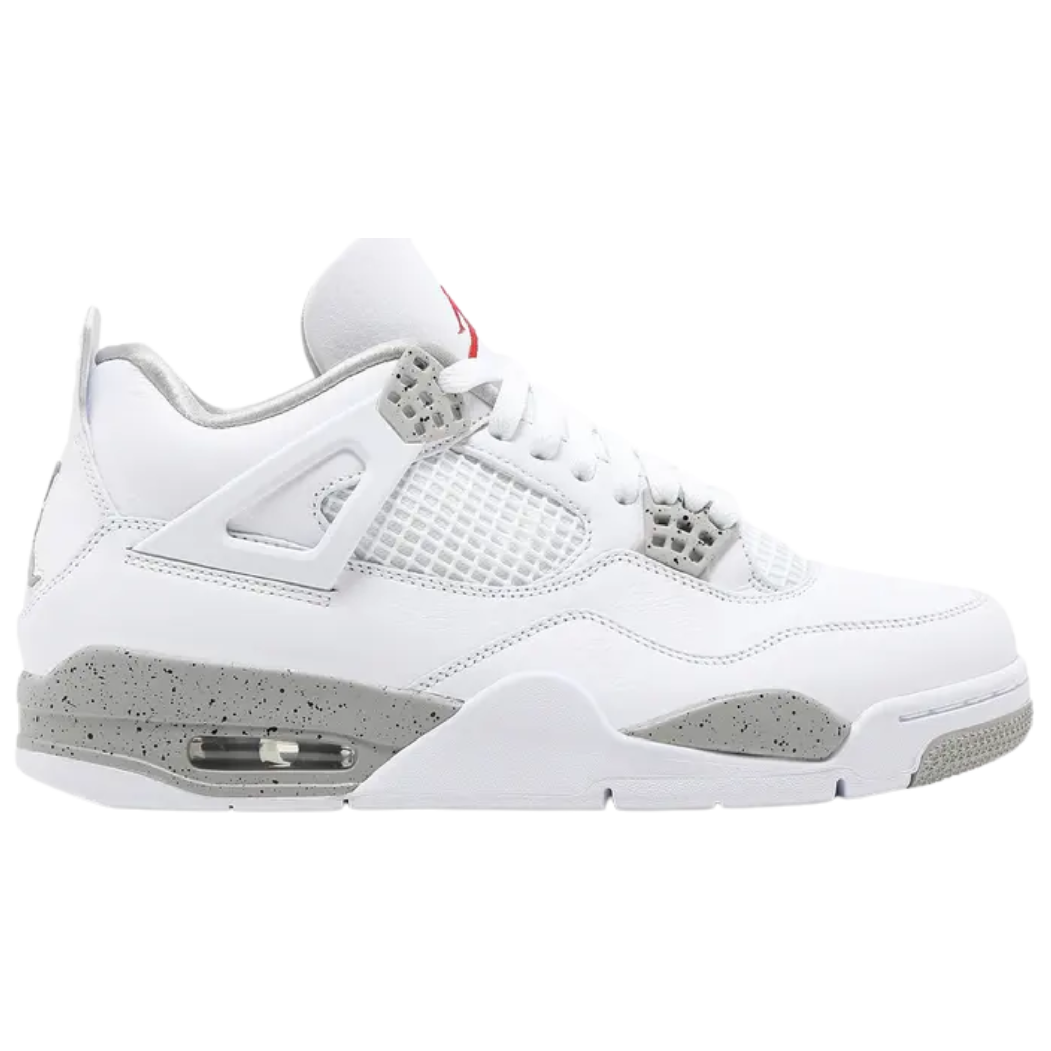 Air Jordan 4 Retro ‘White Oreo’ featuring a white tumbled leather upper with speckled molded eyelets in Tech Grey. The sneaker includes a polyurethane midsole with encapsulated Air cushioning in the forefoot, a visible Air unit in the heel, and Fire Red Jumpman branding on the tongue and heel.