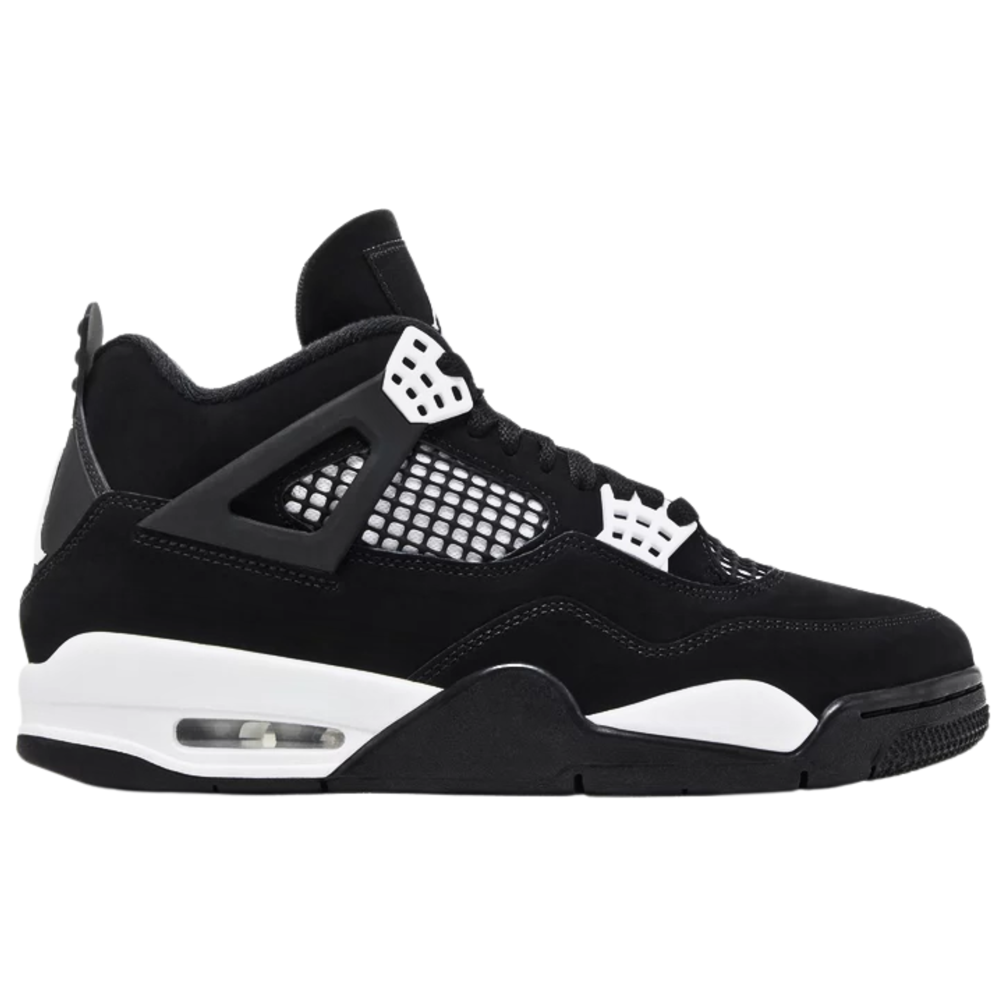 Air Jordan 4 Retro 'White Thunder' featuring a black suede upper with white accents on the molded eyelets and mesh quarter panel with black netting. The sneaker includes white Jumpman logos on the woven tongue tag and molded heel panel, a white polyurethane midsole with a visible Air-sole heel unit, and a black herringbone-traction rubber outsole.