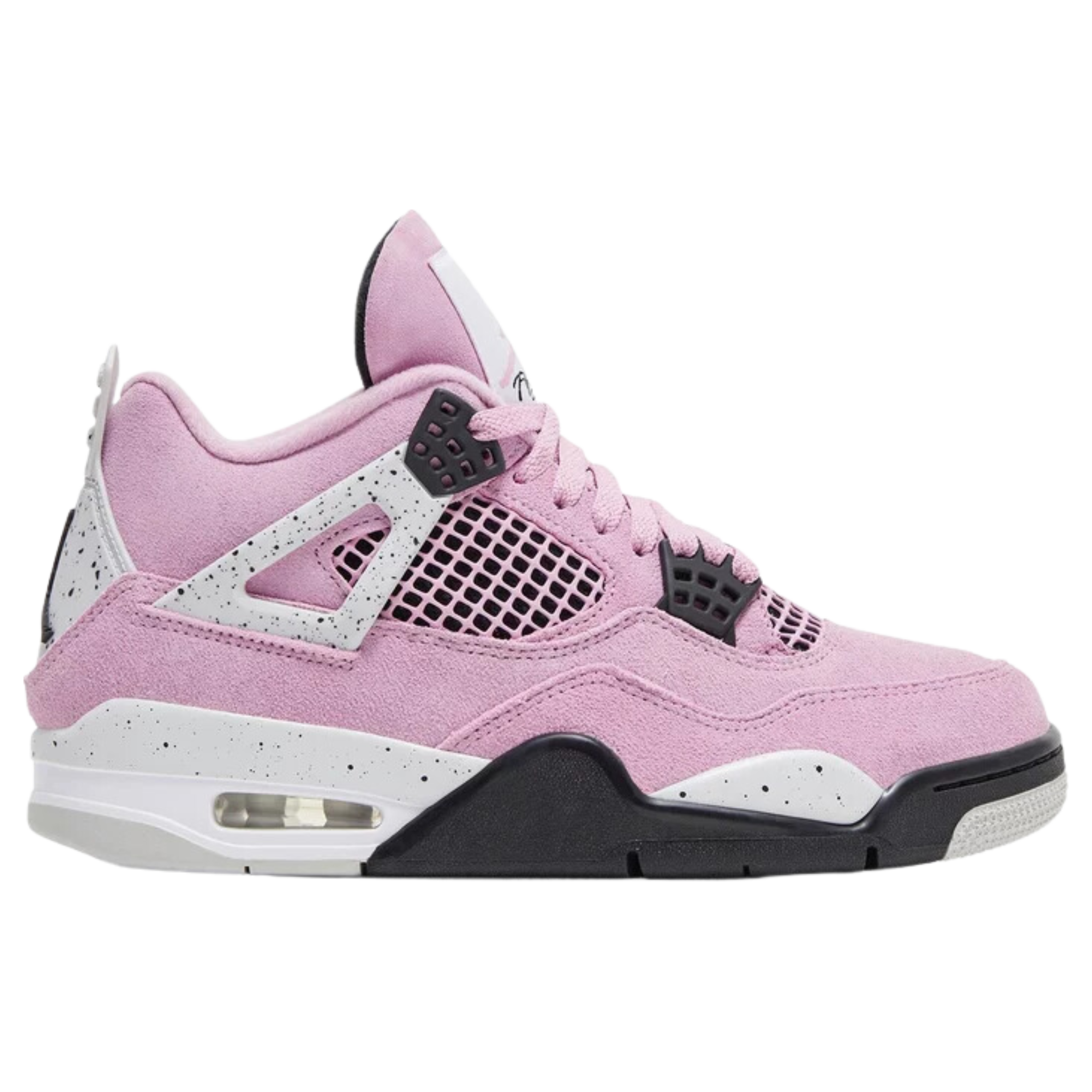 Women's Air Jordan 4 Retro 'Orchid' featuring a lilac-colored suede upper with breathable quarter panel netting and grey molded eyelets. The sneaker includes speckled TPU support wings, a molded back tab with Jumpman branding, and a lightweight polyurethane midsole with encapsulated Air-sole cushioning in the forefoot and an exposed Air bag in the heel.