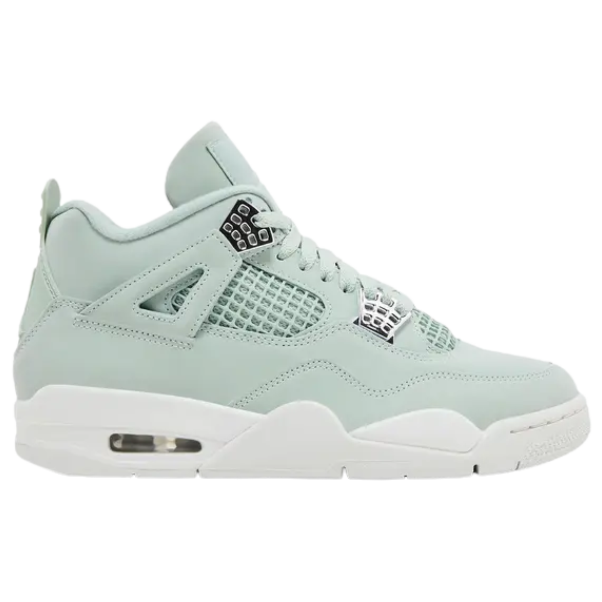 Women's Air Jordan 4 Retro 'Seafoam Sail' sneaker featuring a pale green leather upper, breathable netted quarter panels, and tonal Jumpman branding on the tongue and heel tab. Metallic silver molded eyelets complement the off-white polyurethane midsole with a visible Air-sole unit in the heel.