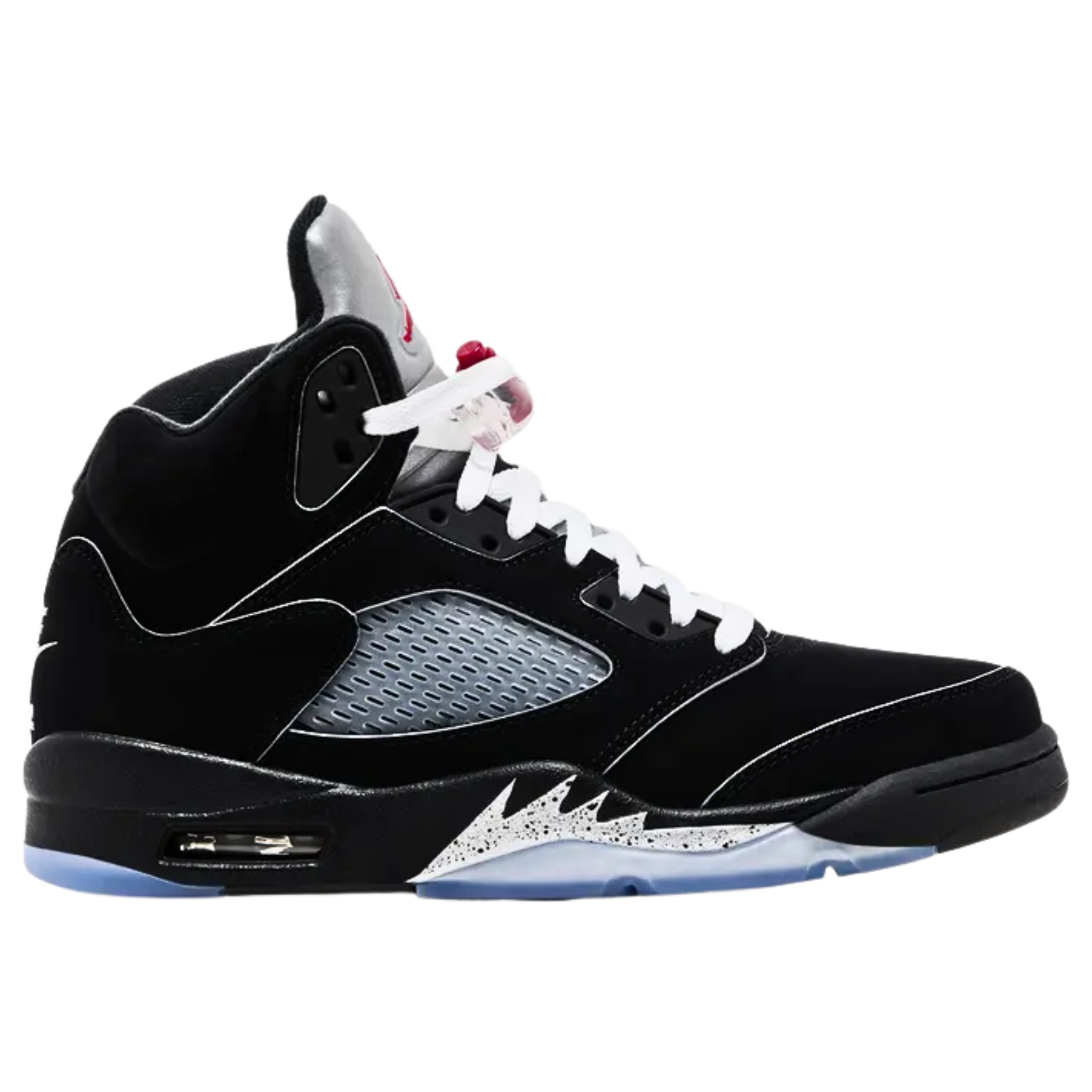 Air Jordan 5 Retro OG 'Black Metallic Reimagined' featuring a black nubuck upper with molded TPU eyelets, quarter panel netting, and reflective 3M piping. The sneaker includes a crimson Jumpman logo on the tongue, raised Nike Air branding on the heel, metallic silver shark tooth detailing on the black polyurethane midsole, and a translucent rubber outsole for traction.
