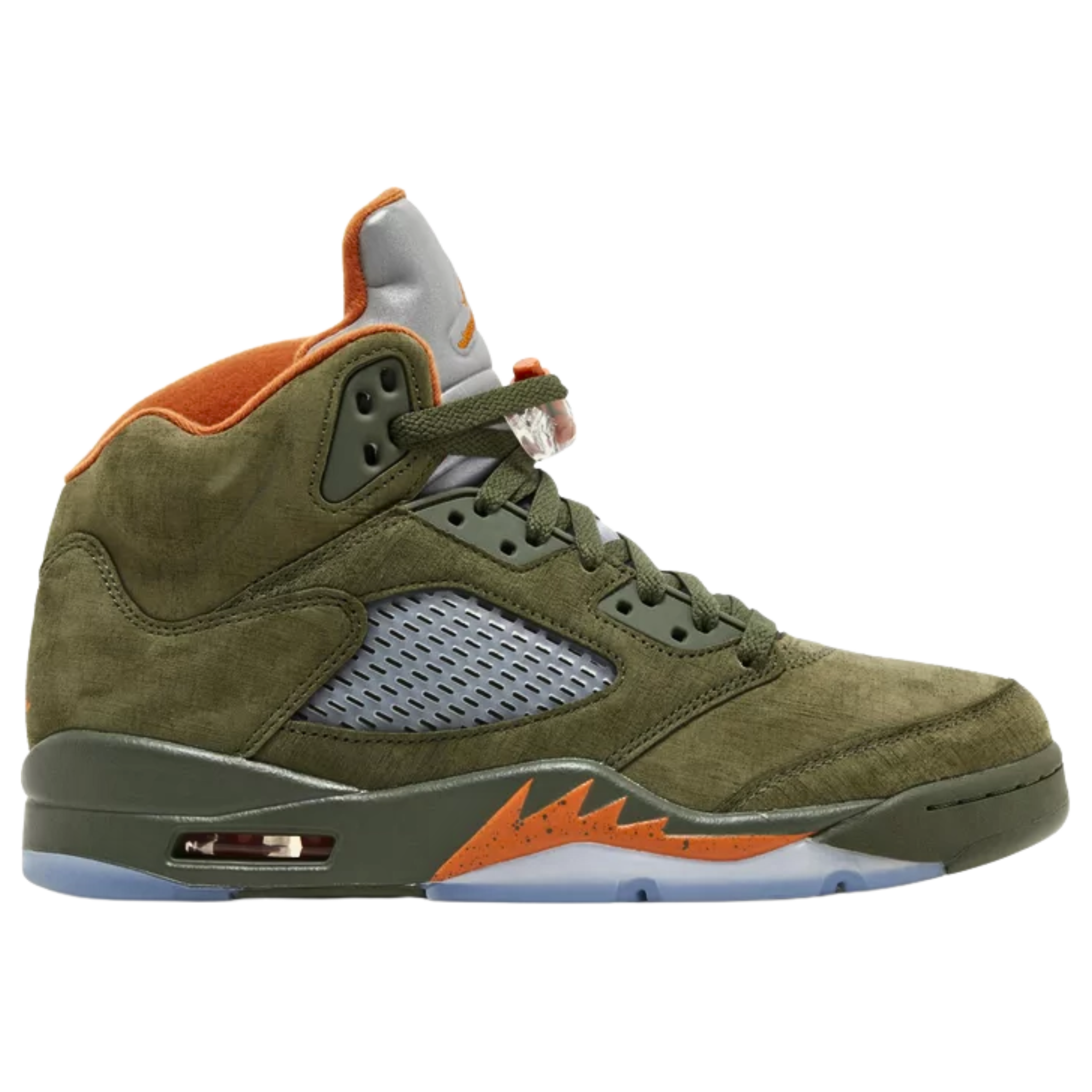 Air Jordan 5 Retro 'Olive' (2024) featuring a textured olive green suede upper with tonal molded eyelets and breathable quarter panel netting. The sneaker includes contrasting orange accents on the interior lining, Jumpman logos on the back heel and reflective tongue, and orange shark-tooth detailing on the olive polyurethane midsole with visible Air-sole cushioning and a translucent rubber outsole.