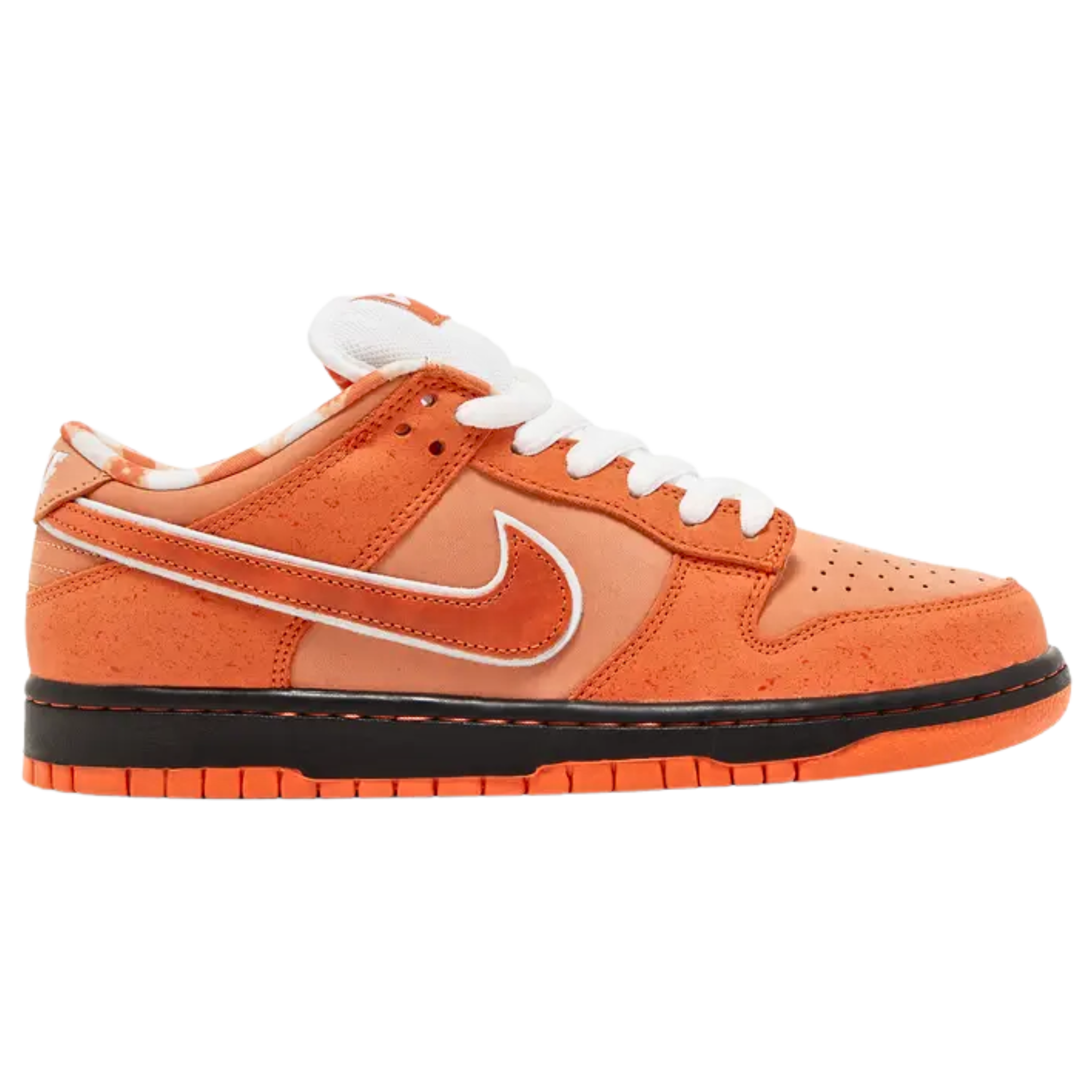 The Concepts x Nike Dunk Low SB ‘Orange Lobster’ continues the collaborative series, drawing inspiration from the rare orange lobster. The nubuck upper features varying shades of orange, with lightly speckled overlays and a tonal Swoosh outlined in white. A woven Nike SB tag adorns the white mesh tongue, while a bib-themed pattern decorates the interior lining. The sneaker is built on a traditional cupsole, with black sidewalls and a grippy orange rubber outsole for enhanced traction and style.