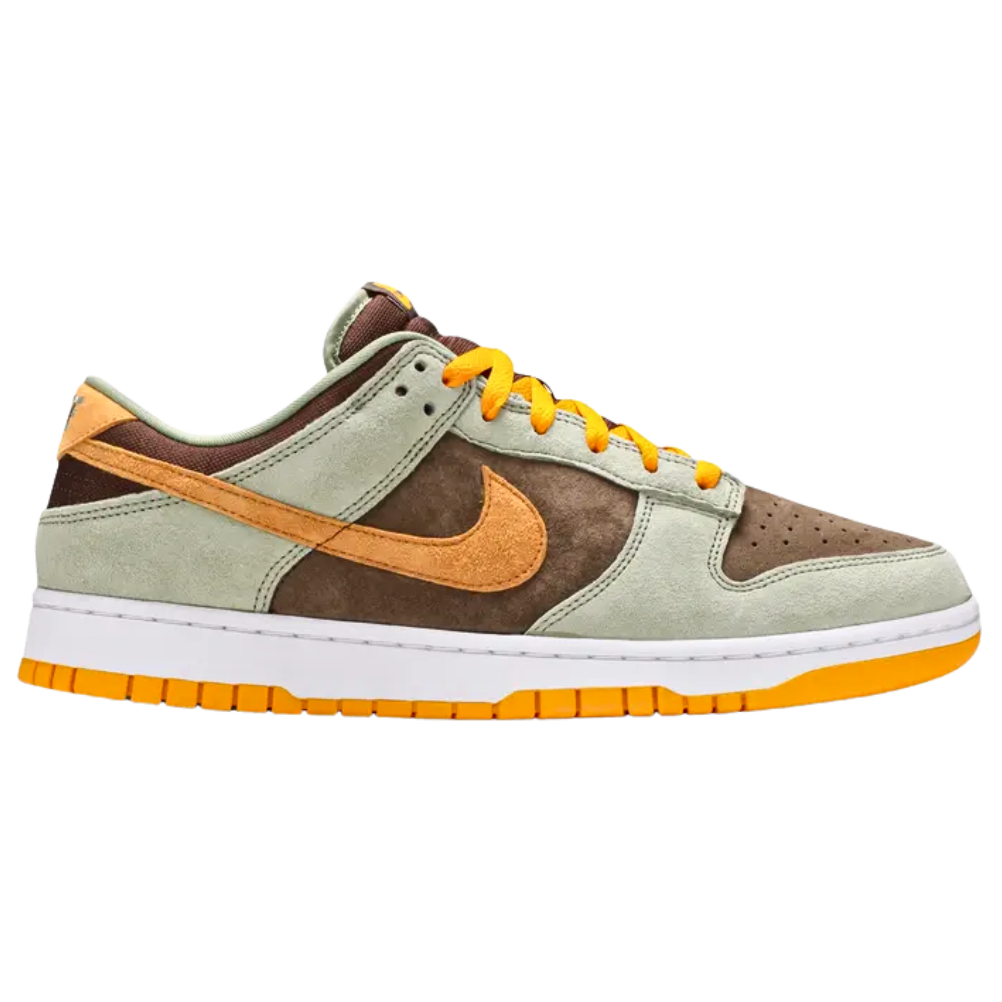 The Nike Dunk Low ‘Dusty Olive’ features a buttery suede upper with a rustic brown base, pale green overlays, and bright orange accents on the Swoosh, heel tab, and laces. A woven Nike tag decorates the tongue, while the collar is made of brown nylon. The sneaker's multi-tone build is complemented by a crisp white rubber midsole and a colorful outsole that adds the final pop of style.