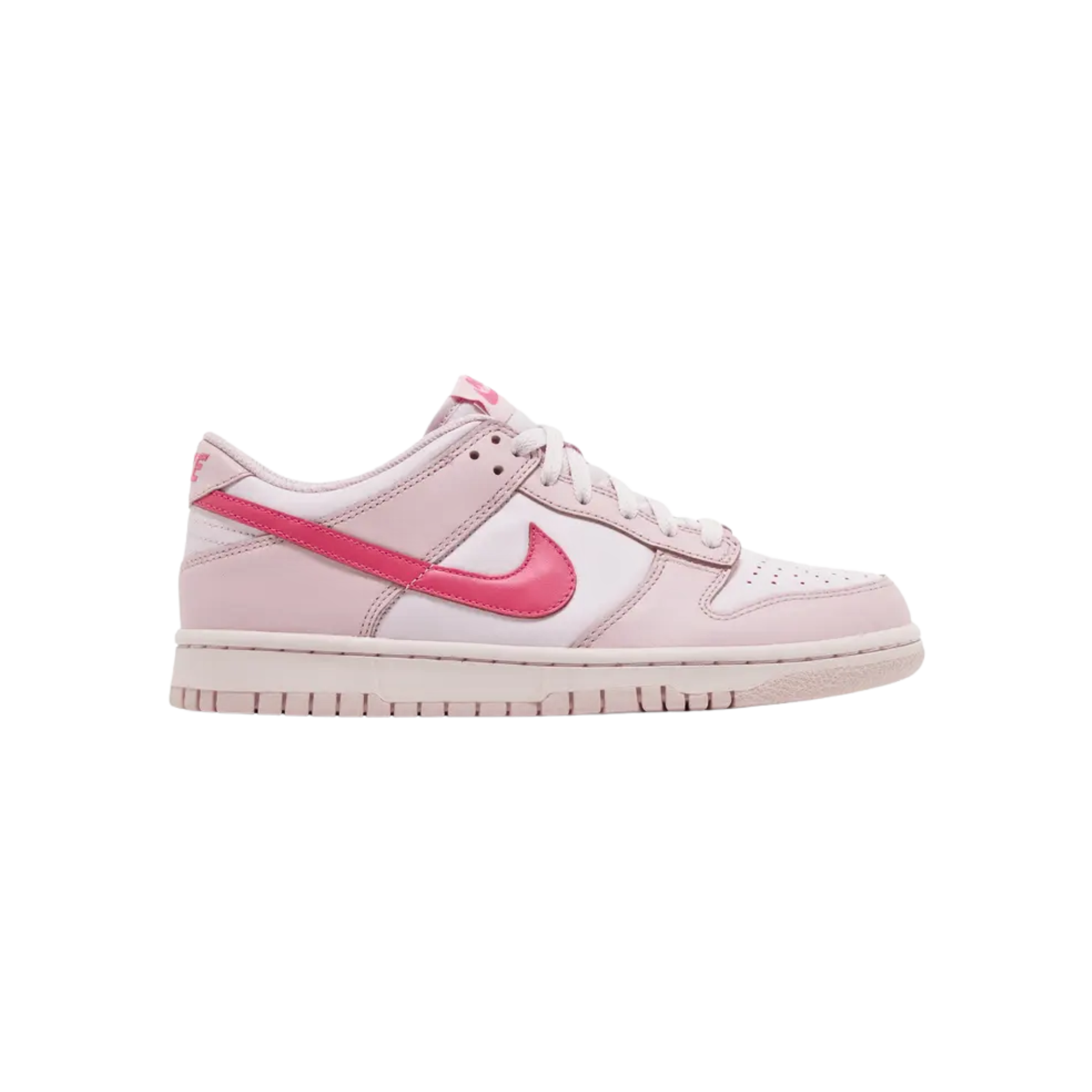 The Dunk Low GS 'Triple Pink' (also known as ‘Barbie’) features a full leather upper in light pink, with hot pink accents on the Swoosh, tongue tag, and heel. The sneaker is designed for comfort with a breathable nylon tongue and rests on a rubber outsole for support and durability.