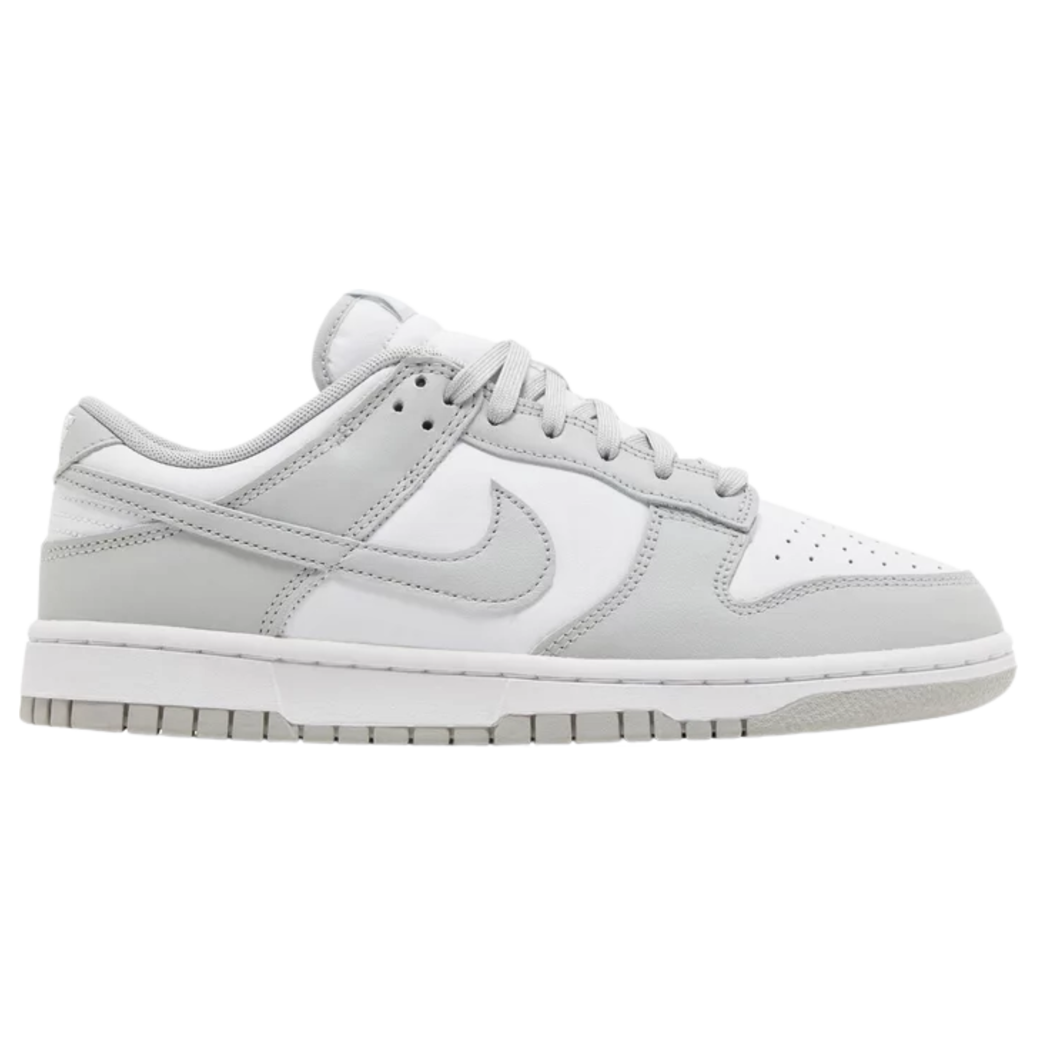 The Nike Dunk Low ‘Grey Fog’ features a subtle two-tone colorway with a white leather base and light grey overlays. The neutral tones are echoed on the Swoosh, laces, and woven Nike tongue tag, while additional Nike branding appears on the heel tab and padded sockliner. The low-top sits on a rubber cupsole, combining white sidewalls with a grey rubber outsole for a clean, versatile look.