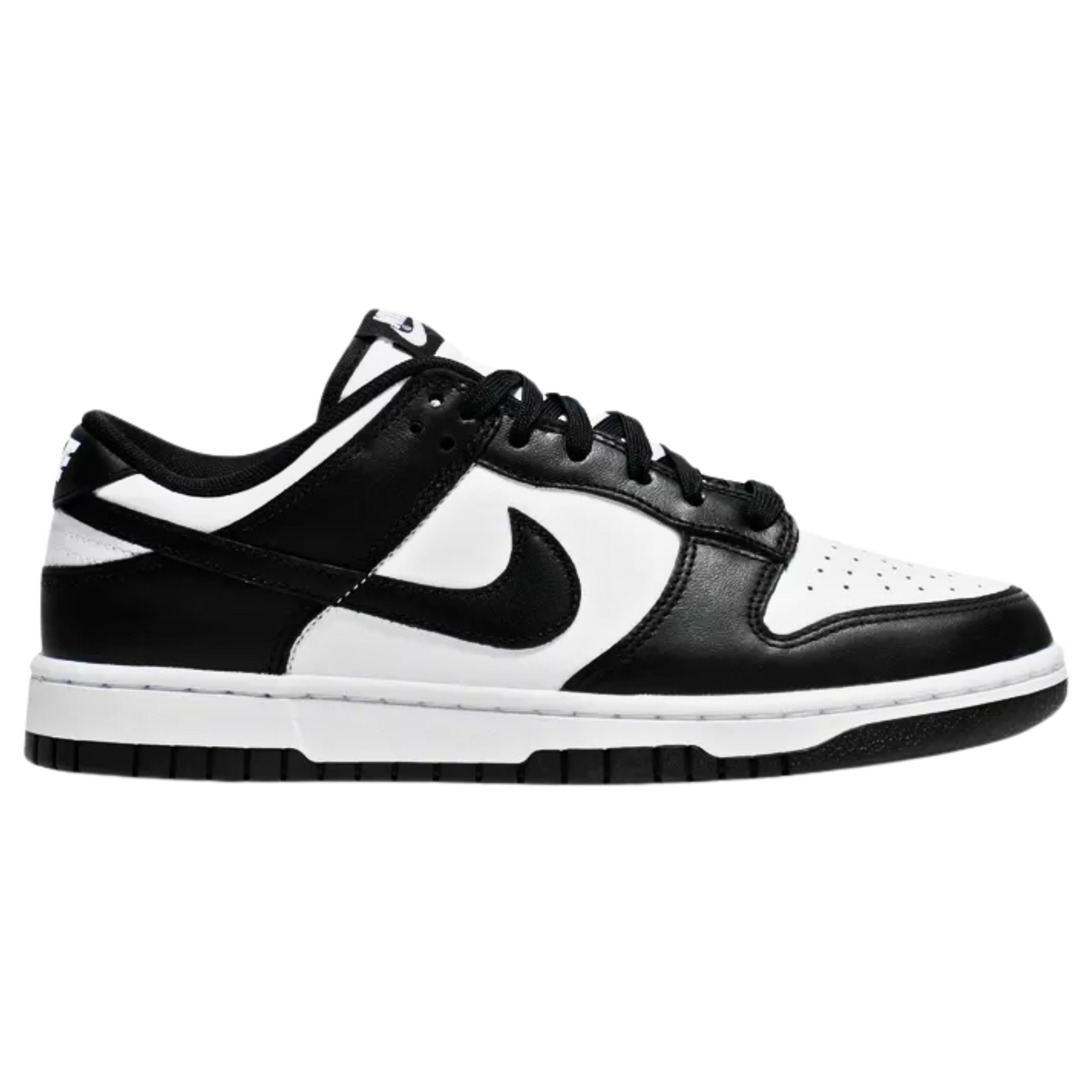 The Nike Dunk Low ‘Black White’ (also known as 'Panda') features a classic two-tone color scheme with a white leather base and contrasting black overlays on the toe and heel. The clean design, developed by Peter Moore, highlights the sneaker’s smooth transition from the hardwood to the street. White Nike branding stands out in relief on both the woven tongue tag and heel tab, completing the iconic, minimalist look.