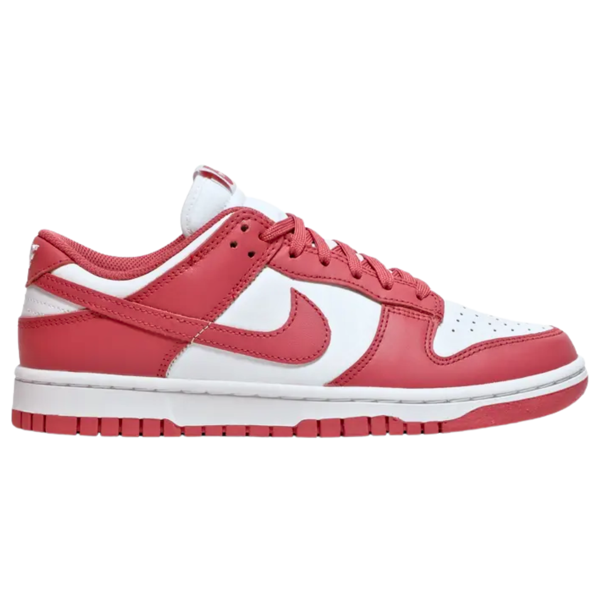 The Nike Women’s Dunk Low ‘Archeo Pink’ features classic two-tone color blocking with a white leather base and dark pink overlays. The all-leather upper includes a perforated toe box, padded mesh collar, and nylon tongue with a woven Nike tag. An embroidered Nike wordmark adorns the heel tab. The sneaker rests on a rubber cupsole, combining white sidewalls with a pink rubber outsole for a stylish and comfortable finish.