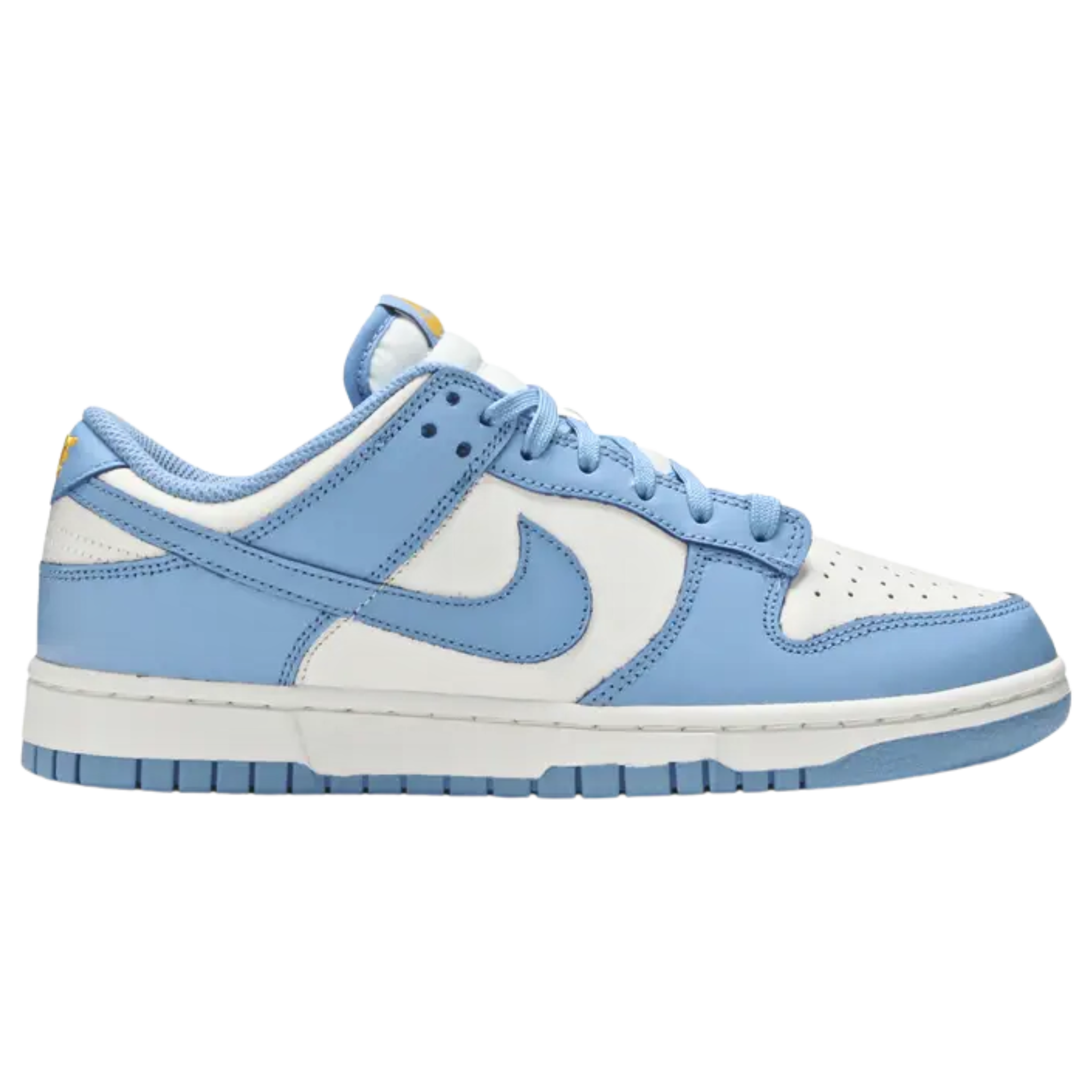 The Nike Women’s Dunk Low ‘Coast’ features traditional two-tone color blocking with a white leather base and vibrant blue overlays. Perforated detailing on the toe box adds texture, while yellow Nike branding on the heel tab and woven tongue tag adds a pop of color. The sneaker rests on a low-profile midsole and is supported by a rubber outsole with concentric circle tread for enhanced grip and style.