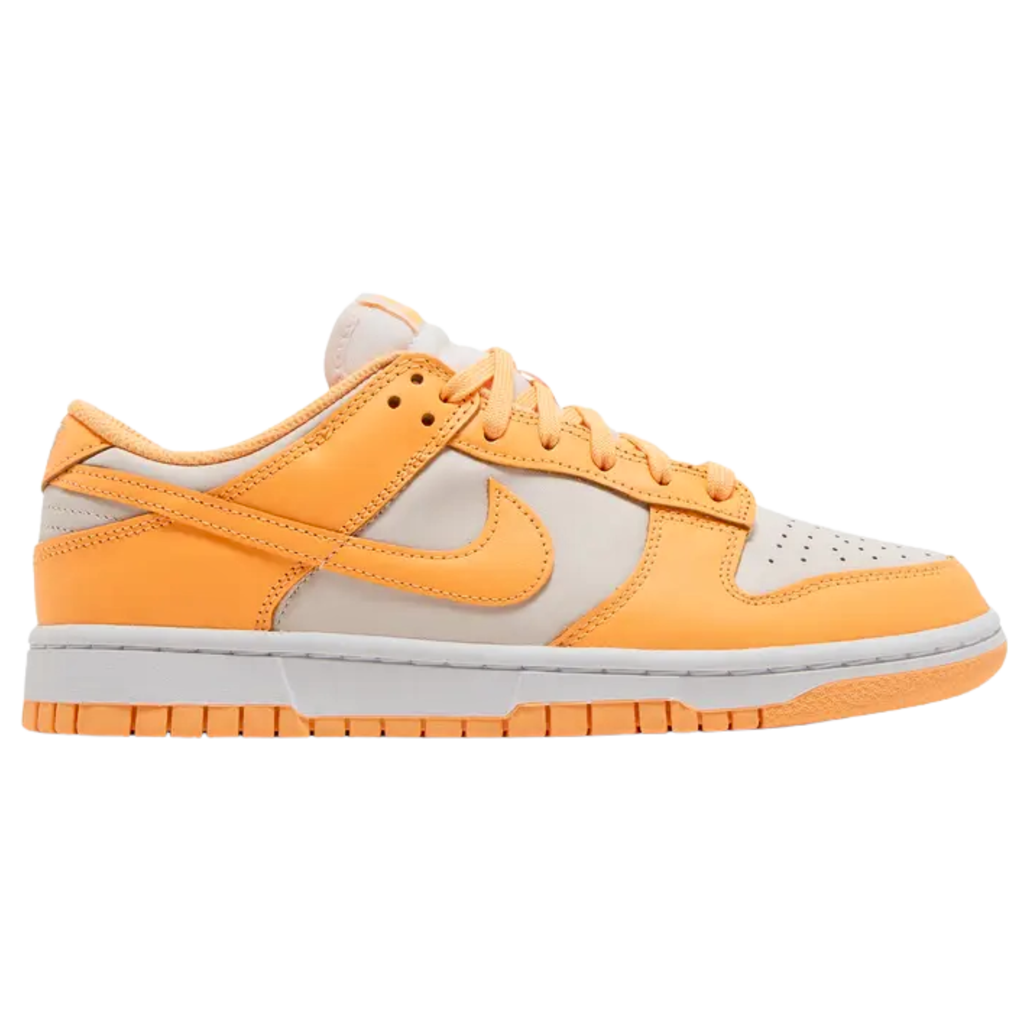 The Nike Women’s Dunk Low ‘Peach Cream’ features a two-tone design, combining a light grey base with vibrant orange leather overlays. The classic color blocking is complemented by heritage details such as a perforated toe box, breathable nylon tongue, and durable cupsole tooling. The sneaker is finished with an orange rubber outsole, designed with a concentric-circle traction pattern for superior grip and performance.