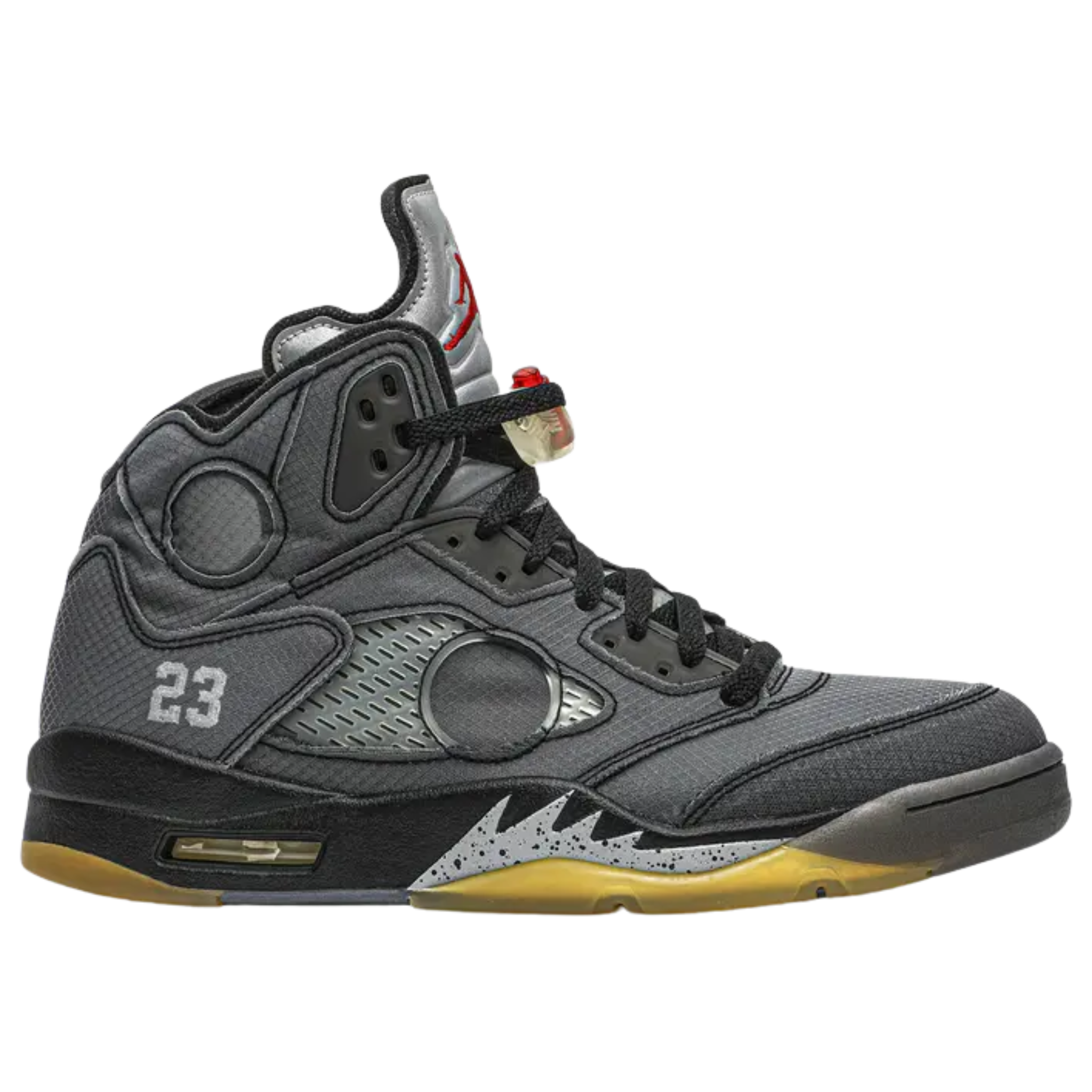 The Off-White x Air Jordan 5 SP 'Muslin' features a faded black textile upper with a silver reflective tongue and embroidered Nike Air branding. Virgil Abloh’s signature text appears on the laces and medial panel, while a pre-yellowed translucent rubber outsole enhances the vintage look.
