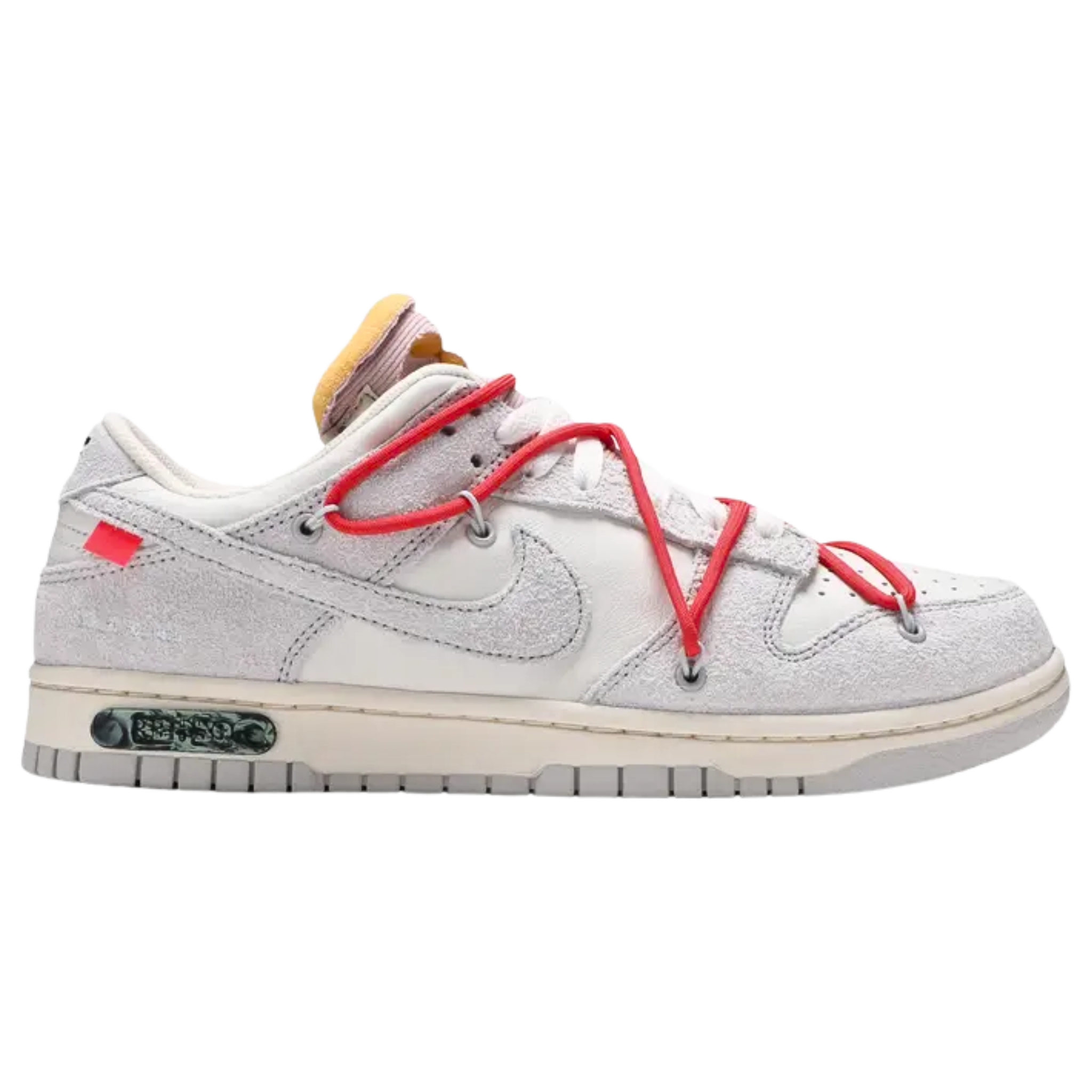 The Off-White x Nike Dunk Low from the 'Dear Summer' collection features a white leather upper with soft grey suede overlays. Signature Virgil Abloh details include a plastic zip tie, printed Helvetica text, and a secondary lacing system. Pops of color come from the zip tie, exposed-foam tongue, and a rectangular tab on the Swoosh. Limited to fifty pairs, the sneaker is marked with a '33 of 50' badge on the lateral midsole, making it a rare and collectible release.