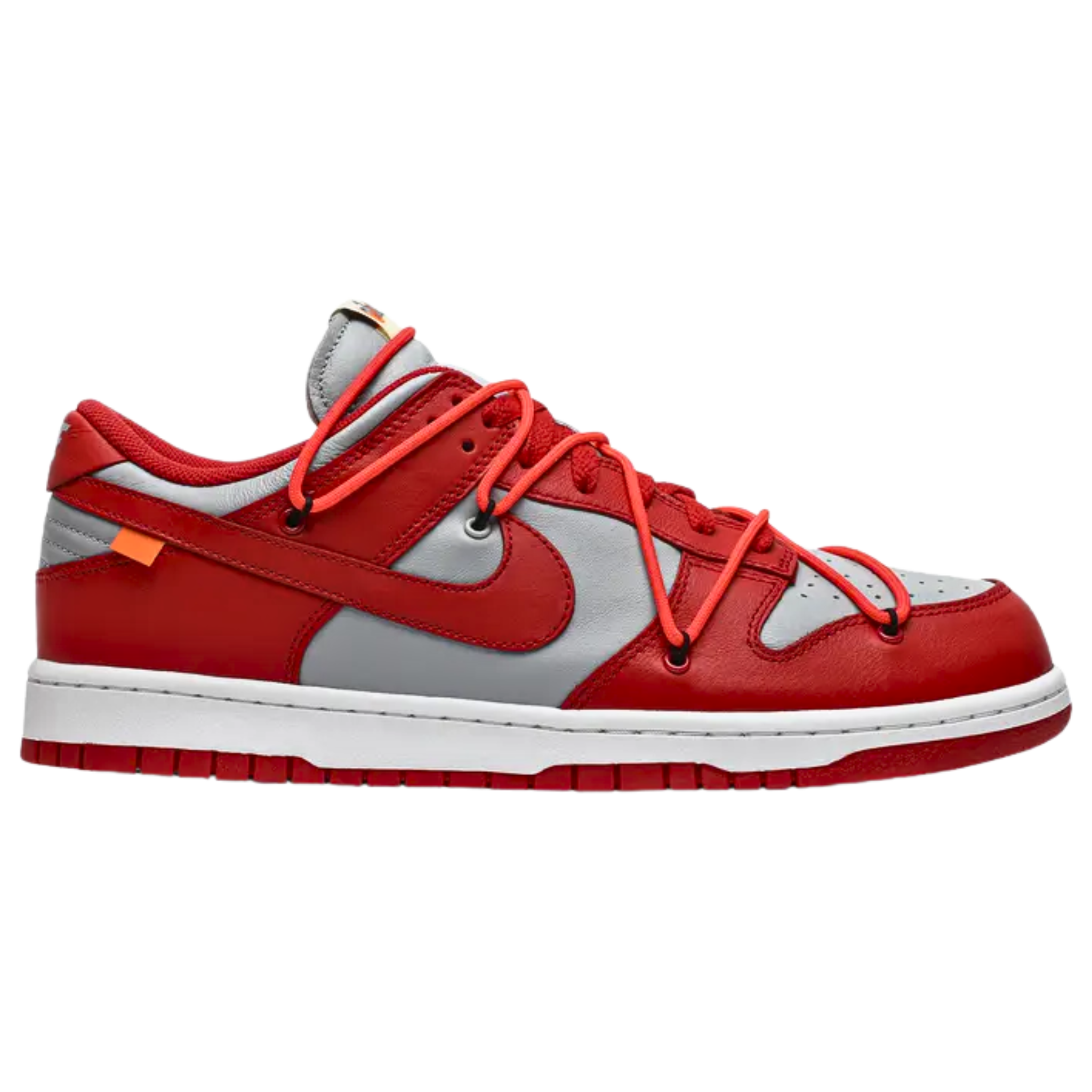 The Off-White x Nike Dunk Low in University Red and grey leather, part of the 2019 collection, embodies themes of fragmentation and rebuilding. It features retro branding, a blown-up text graphic on the medial side, and a signature flagged Swoosh on the lateral side. Virgil Abloh's deconstructivist style is showcased with exposed tongue foam, a floating heel tab, and secondary lacing. The sneaker is completed with a duo-toned rubber cupsole for added style and comfort.