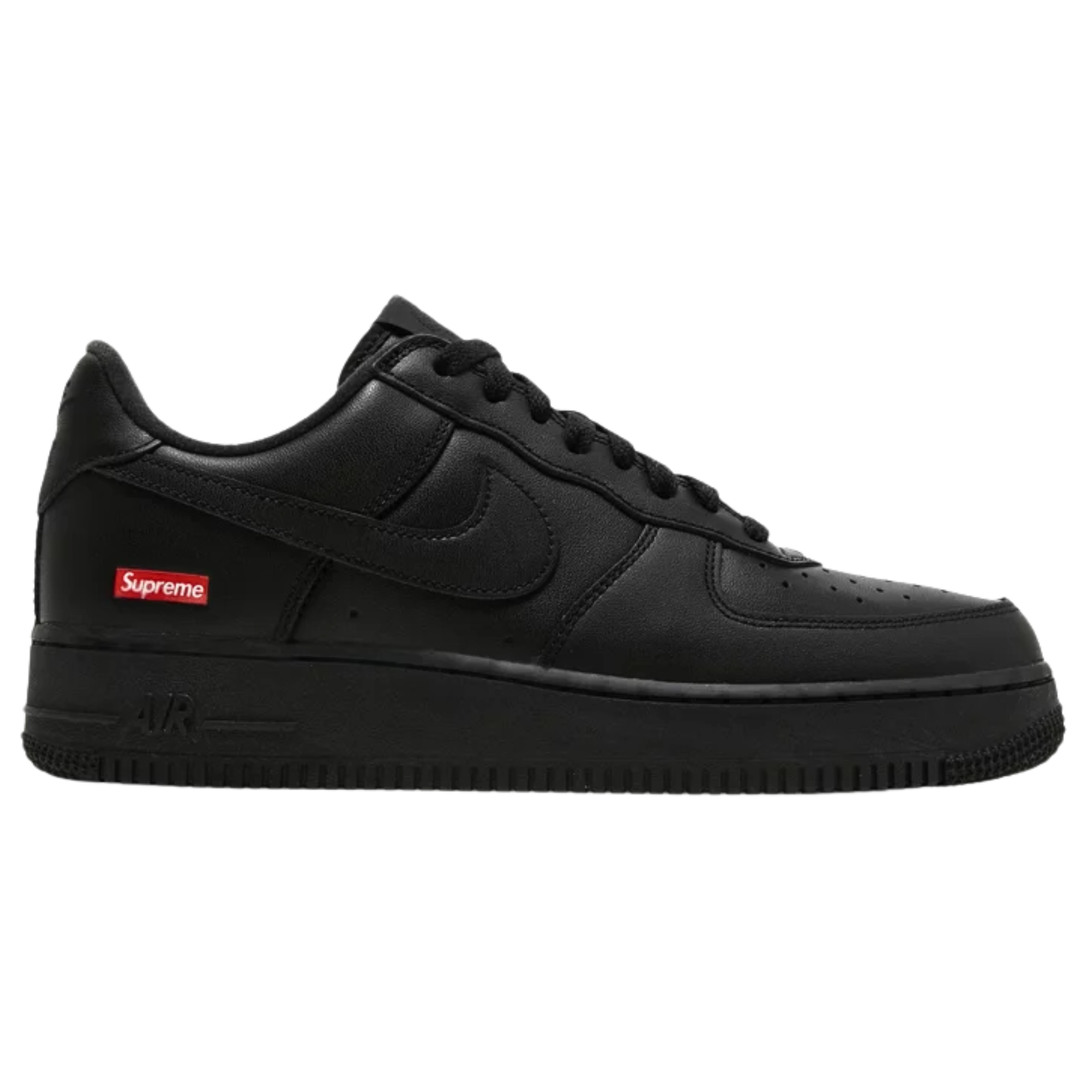 The Supreme x Air Force 1 Low ‘Box Logo’ debuted in the Spring/Summer 2020 collection, featuring a minimalist all-black full-grain leather upper. Supreme's iconic red box logo is displayed on the lateral heel and custom sockliner, alongside a Nike Air logo. The sneaker comes with an additional set of black laces, each printed with Supreme branding, completing the sleek and understated design.