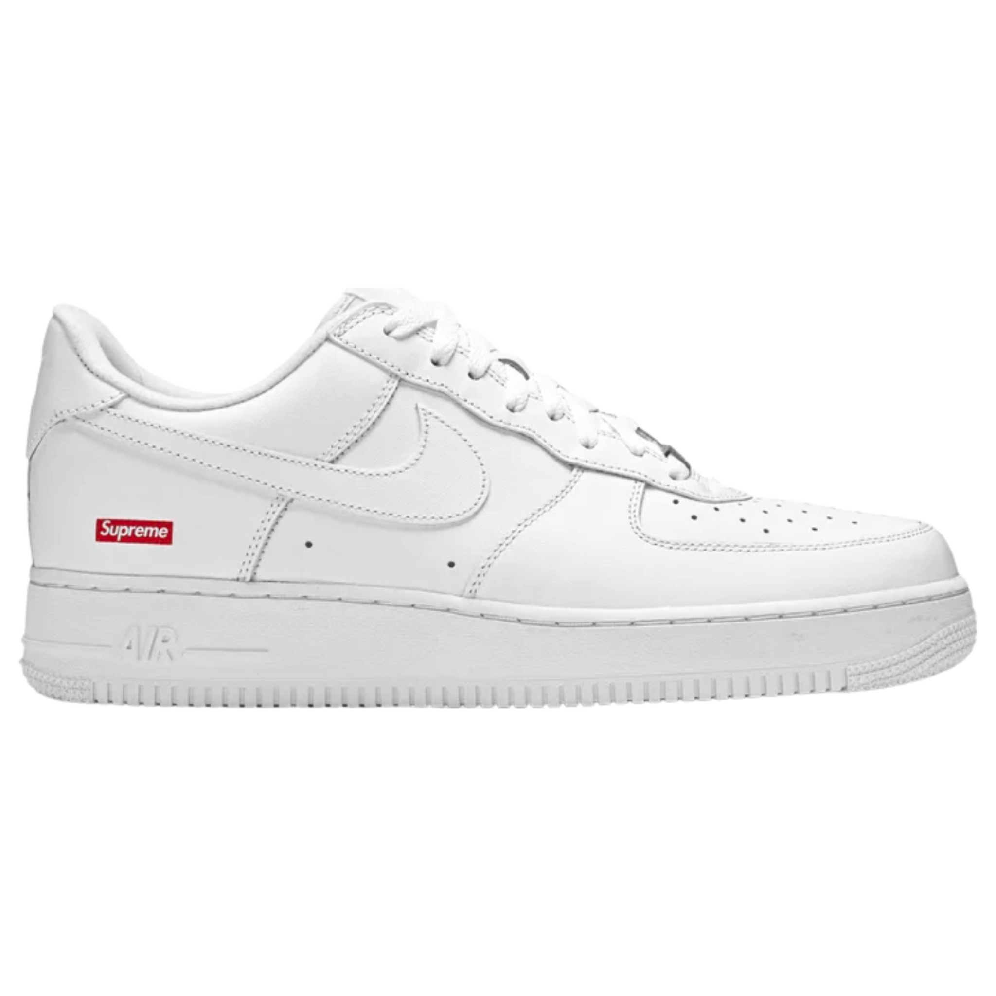 The Supreme x Air Force 1 Low ‘Box Logo’ from the Spring/Summer 2020 collection features a minimalist white full-grain leather upper, highlighted by Supreme’s red box logo on the lateral heel. Additional Supreme branding is found on the custom sockliner, and a secondary set of red laces adds a bold contrast to the clean design.