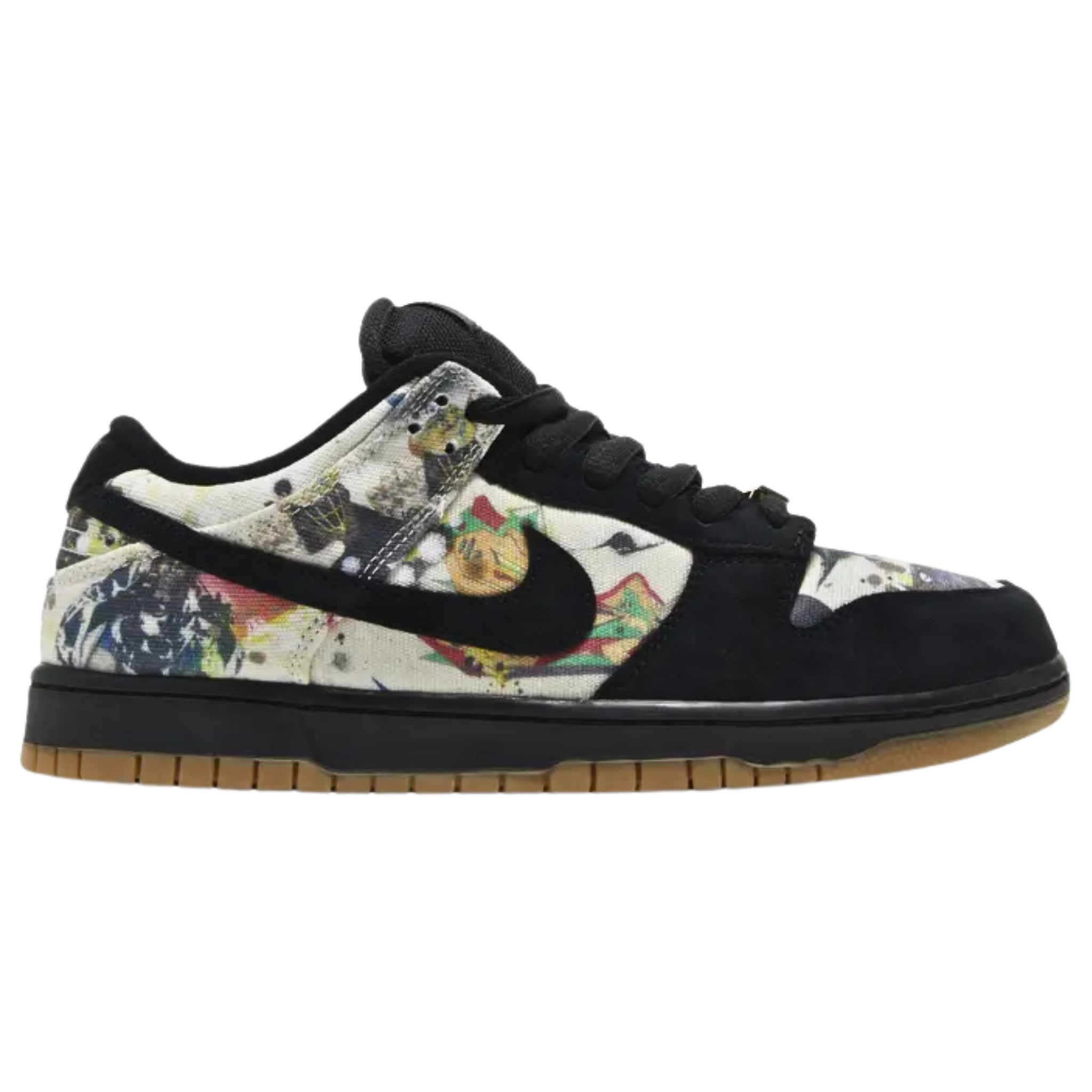 The Supreme x Nike Dunk Low SB ‘Rammellzee’ features a canvas upper adorned with the late artist’s original graffiti designs. Durable black suede is used on the eyestay, Swoosh, and forefoot overlay, complemented by a padded mesh tongue and textile collar lining. Metallic gold ‘Supreme’ lace dubrae add gleaming accents. The sneaker rests on a durable cupsole with black sidewalls and a gum rubber outsole, combining artistic expression with skate-ready performance.