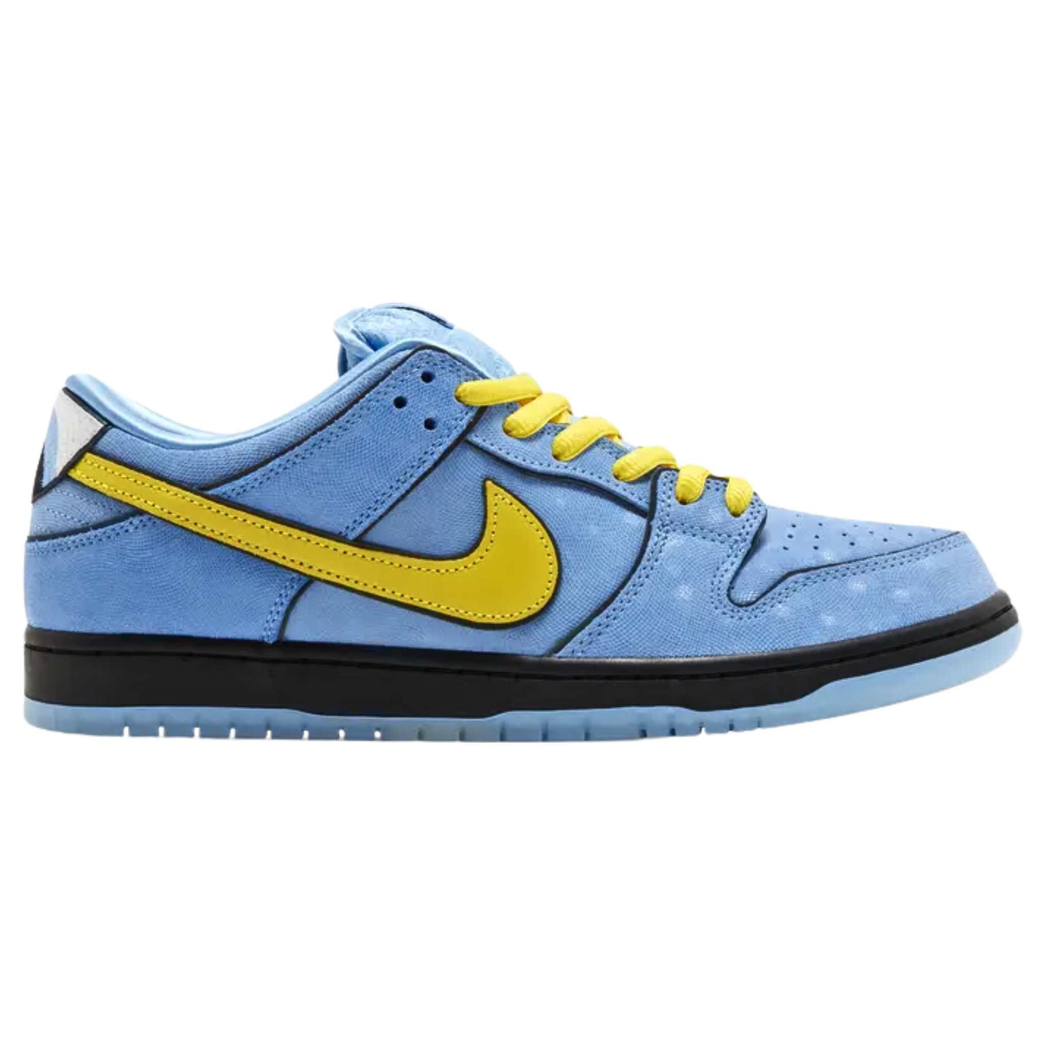 The Powerpuff Girls x Nike Dunk Low Pro SB QS ‘Bubbles’ features a textured blue leather upper with shiny satin lining, black piping, and a contrasting yellow Swoosh. Enlarged heel tabs reflect Bubbles' blue eyes, while the Powerpuff Girls logo appears on a repeating pattern on the stuffed tongue. The sneaker is supported by a durable black midsole and a blue-tinged translucent rubber outsole, combining playful design with functionality.