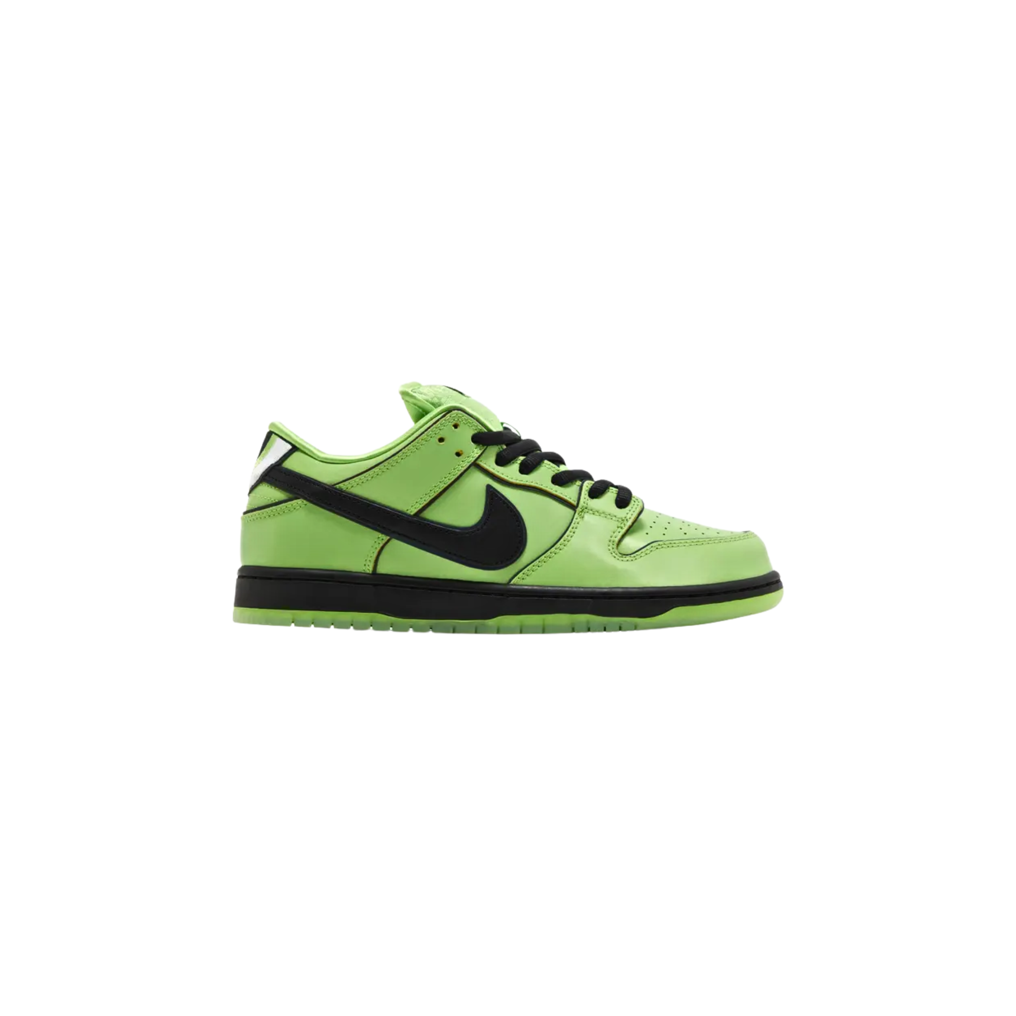 The Nike Dunk Low Pro SB QS PS ‘Buttercup,’ part of a Powerpuff Girls-inspired collection, features a bright green leather upper with reflective piping and a black Swoosh. The nylon tongue is adorned with a woven Nike SB tag, showcasing Buttercup's name, while the repeating Powerpuff Girls logo lines the interior. Embroidered eyes on the heel tabs and Mojo Jojo’s image on the right sockliner add unique touches. A solid black midsole and green-tinged translucent rubber outsole complete the design.