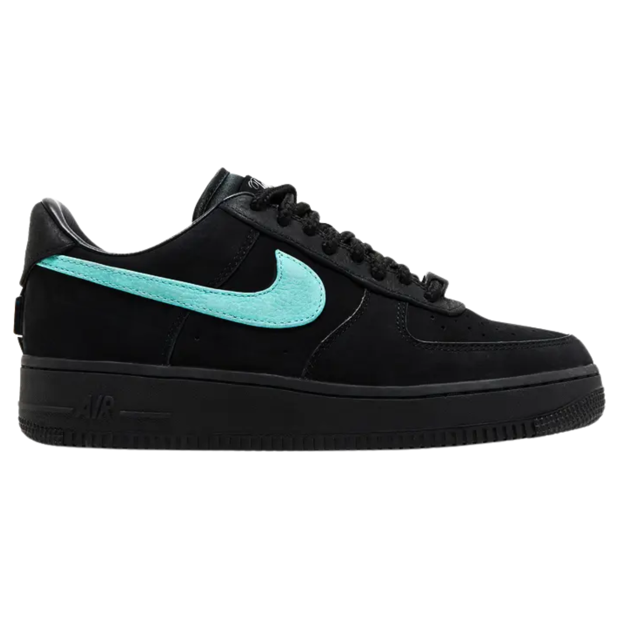 The Tiffany & Co. x Nike Air Force 1 Low ‘1837’ marks the debut collaboration between the luxury jeweler and Nike. The low-top features a black suede upper with a tumbled leather Swoosh in Tiffany’s signature robin’s-egg blue. Woven tongue tags display ‘Tiffany’ script, while tonal ‘Nike Air’ branding is embroidered on the black leather heel tabs. A metallic silver engraved Tiffany badge adds a premium touch.