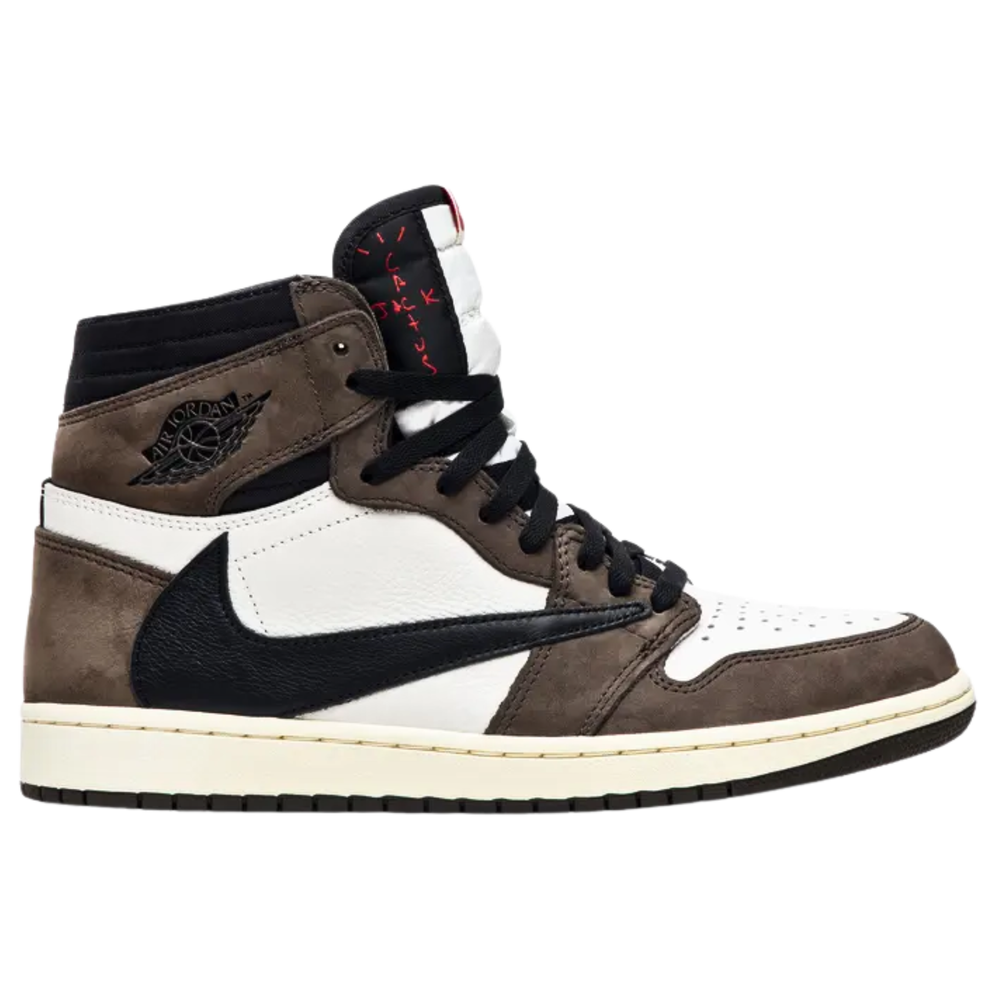 The Travis Scott x Air Jordan 1 Retro High features a white leather and brown suede upper with an oversized backward-facing Swoosh on the lateral side and a traditional Swoosh on the medial side. The shoe also includes a double-layer collar and Scott’s face logo embossed on the heel.