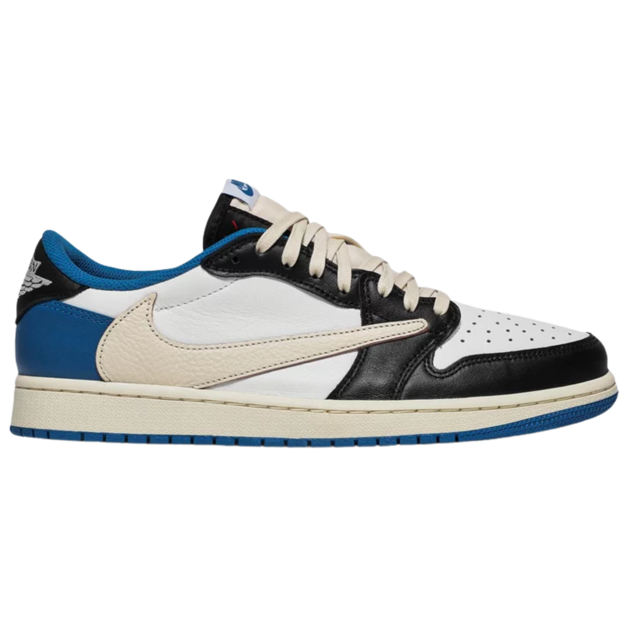 Fragment Design x Travis Scott x Air Jordan 1 Retro Low featuring a white leather upper with black and royal blue overlays. The sneaker includes Scott’s oversized inverted Swoosh in off-white on the lateral side, a black standard Swoosh on the opposite side, and Cactus Jack branding with a smiley face logo on the left heel tab. The right heel tab features a Jordan Wings logo and Fragment’s lightning bolt trademark.