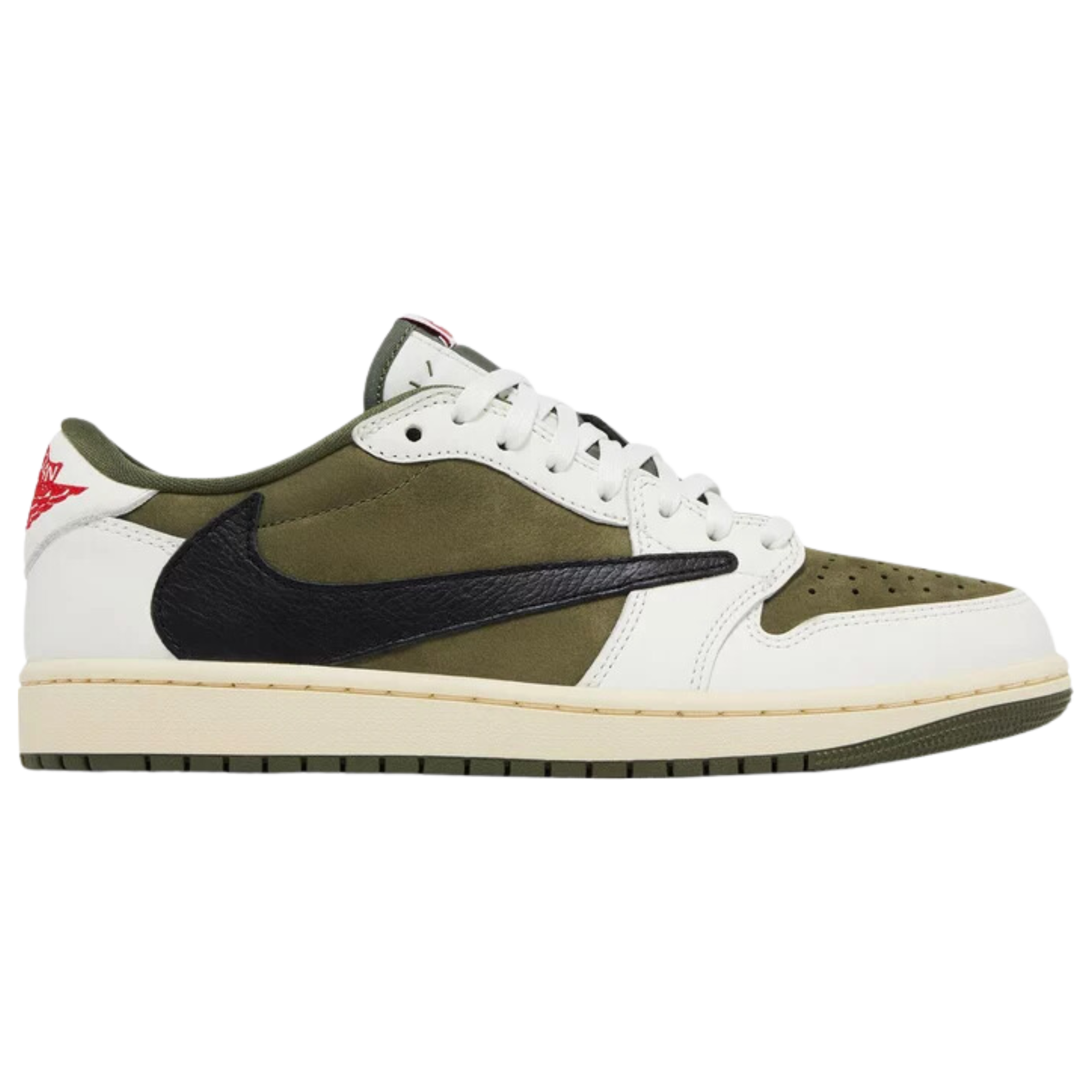 Travis Scott x Air Jordan 1 Retro Low OG SP 'Reverse Olive / Medium Olive' featuring an olive green suede base with chalk white leather overlays and a black tumbled leather reverse Swoosh. The sneaker includes crimson accents on the Nike Air tongue tag, mismatched Jordan Wings and Cactus Jack branding on the leather back tabs, and a vintage off-white midsole with an olive rubber outsole for grip.