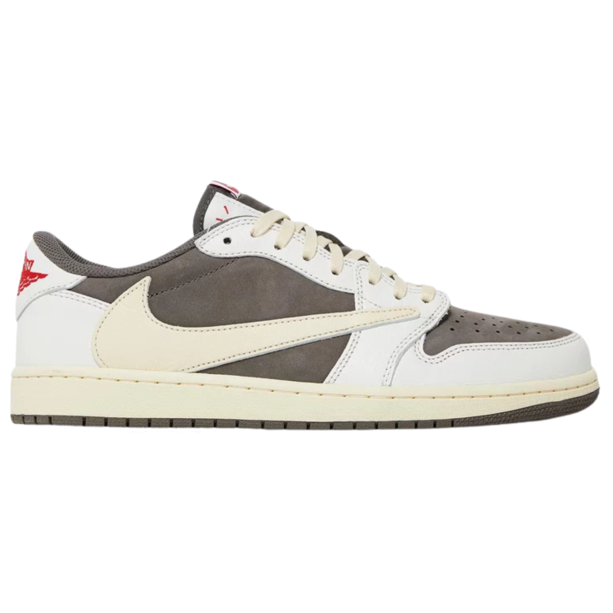 Travis Scott x Air Jordan 1 Retro Low OG ‘Reverse Mocha’ featuring a brown suede base with ivory leather overlays and a reverse Swoosh on the lateral side in oversized dimensions. The sneaker includes scarlet accents on the woven Nike Air tongue tags, mismatched Cactus Jack and retro Wings logos on the heel tabs, a vintage off-white rubber midsole with encapsulated Nike Air cushioning in the heel, and a brown rubber outsole.