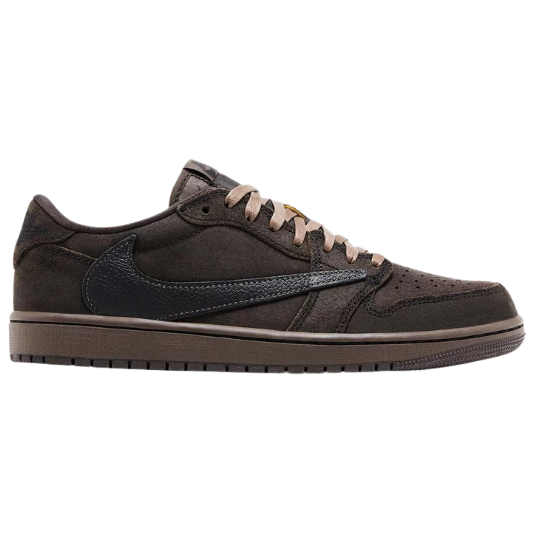 Travis Scott x Air Jordan 1 Retro Low OG SP 'Velvet Brown' featuring a black tumbled leather and brown suede upper with a reverse Swoosh. The sneaker includes a woven Nike Air tag on the brown nylon tongue, mismatched Cactus Jack and Jordan Wings branding on the back tabs, and a brown rubber cupsole with an encapsulated Air-sole unit in the heel.