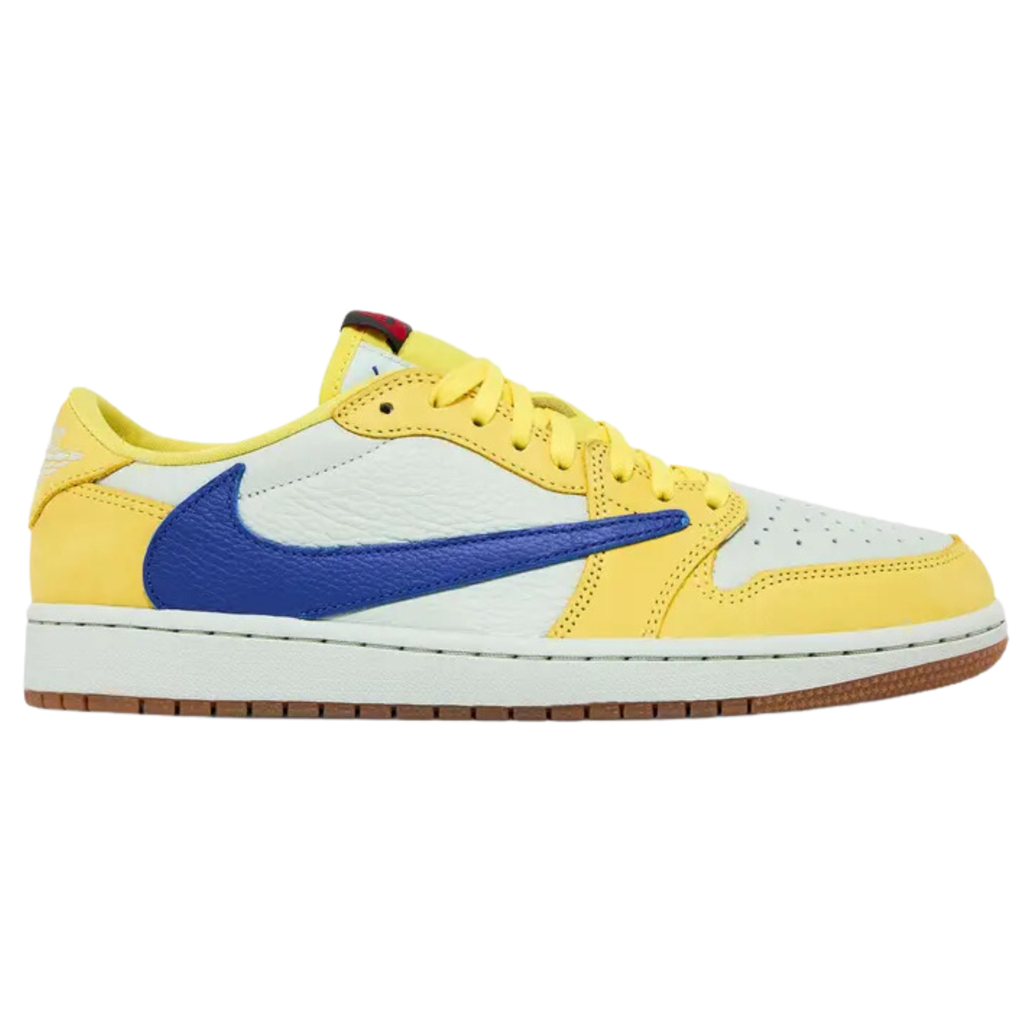 Travis Scott x Women's Air Jordan 1 Retro Low OG SP 'Canary' (Elkins) featuring a white leather upper with yellow overlays at the forefoot and heel. The sneaker includes a Racer Blue reverse Swoosh, a red and black Nike Air tag on the tongue, mismatched Cactus Jack and Jordan Wings branding on the heel tabs, and a traditional cupsole with white textured sidewalls and a gum rubber outsole.