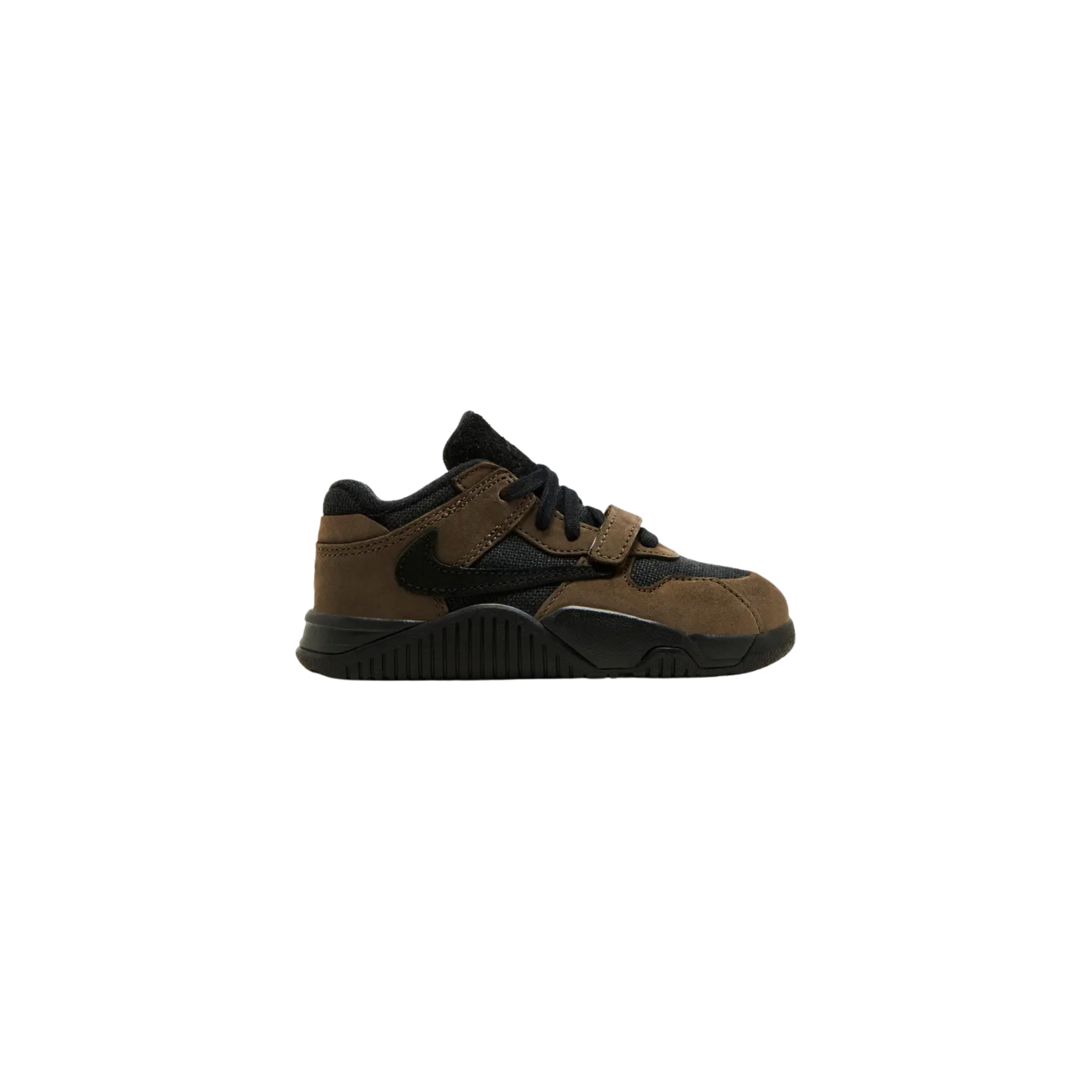 The Travis Scott x Jordan Jumpman Jack TR TD 'Dark Mocha' features a dark mocha upper with contrasting beige accents, oversized reverse Swoosh, and signature Cactus Jack branding on the heel and tongue.