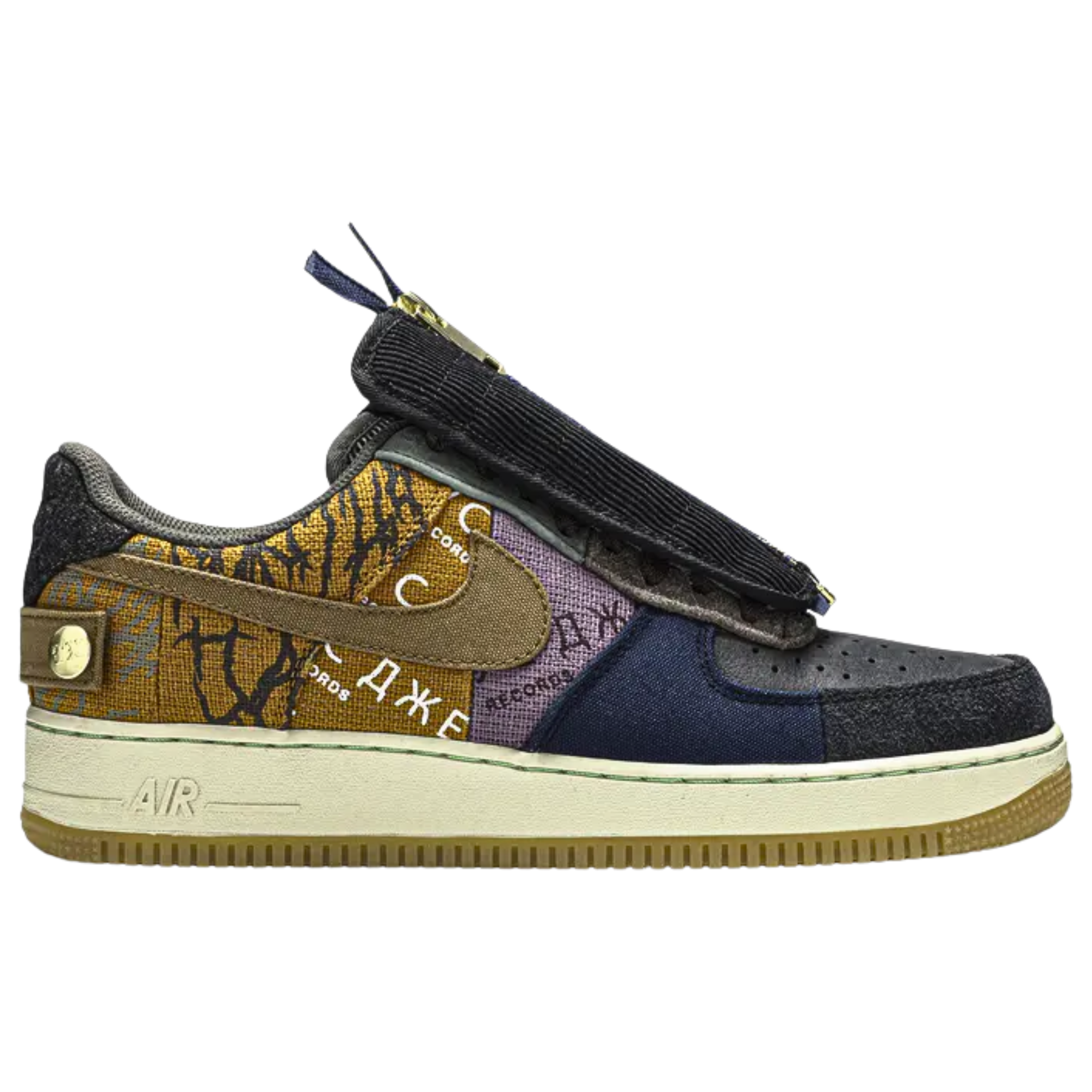 The Travis Scott x Air Force 1 Low 'Cactus Jack' features a mix of printed canvas, leather, and suede uppers with utilitarian details like zipped corduroy lace shrouds and mismatched Swooshes. Released in November 2019, the sneaker sits on a classic AF1 midsole and gum rubber outsole, combining rugged style with signature Travis Scott design elements.