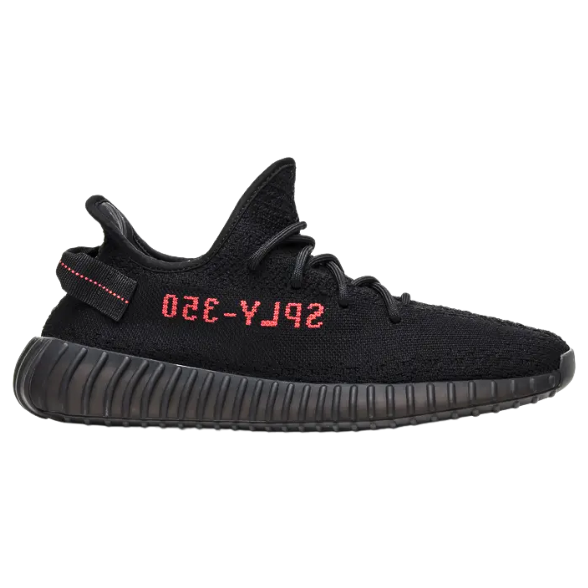 Shop the adidas Yeezy Boost 350 V2 ‘Bred,’ featuring a black Primeknit upper with a pronounced center seam and red SPLY-350 branding. The design includes a crimson embroidered pull tab and a full-length Boost midsole wrapped in semi-translucent black rubber for durability and support.