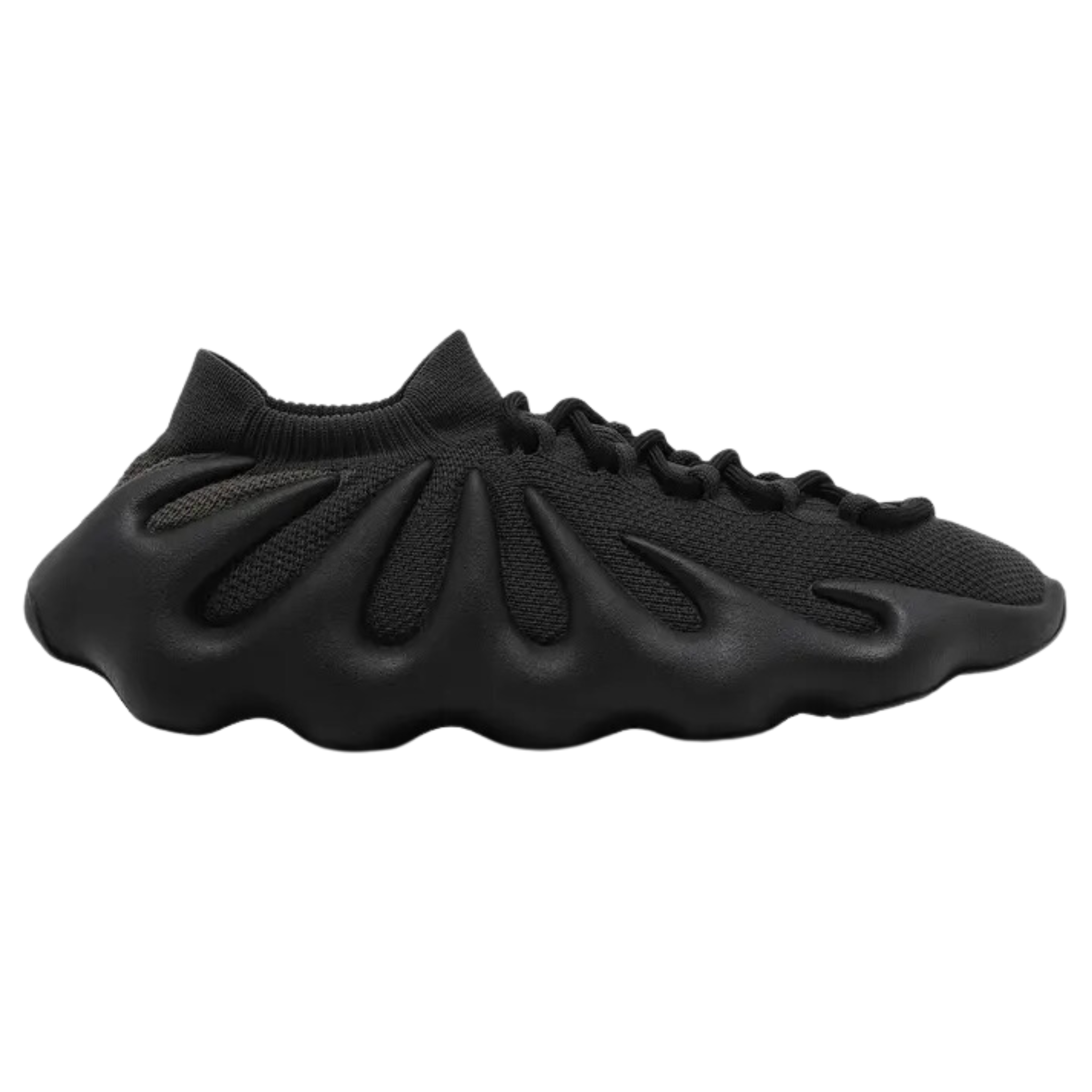 Shop the adidas Yeezy 450 ‘Dark Slate,’ featuring a blacked-out knit upper with an integrated lacing system and sock-like elastic cuff. The deconstructed design is supported by a unique rubber outsole with tapered appendages wrapping the heel and side panels for enhanced durability and support.