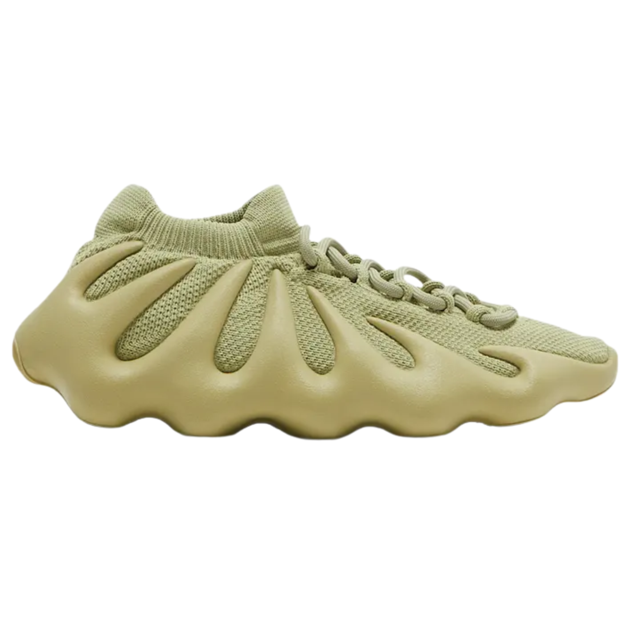 Shop the adidas Yeezy 450 ‘Resin’ featuring a pale green monochrome finish with a one-piece knit upper and claw-like EVA midsole. Designed with tapered 'fingers' wrapping the side panels, tonal rope laces, a sock-like cuff, and Ortholite insole with dual adidas and Yeezy branding. The contoured rubber outsole ensures optimal grip with a wavy traction pattern.