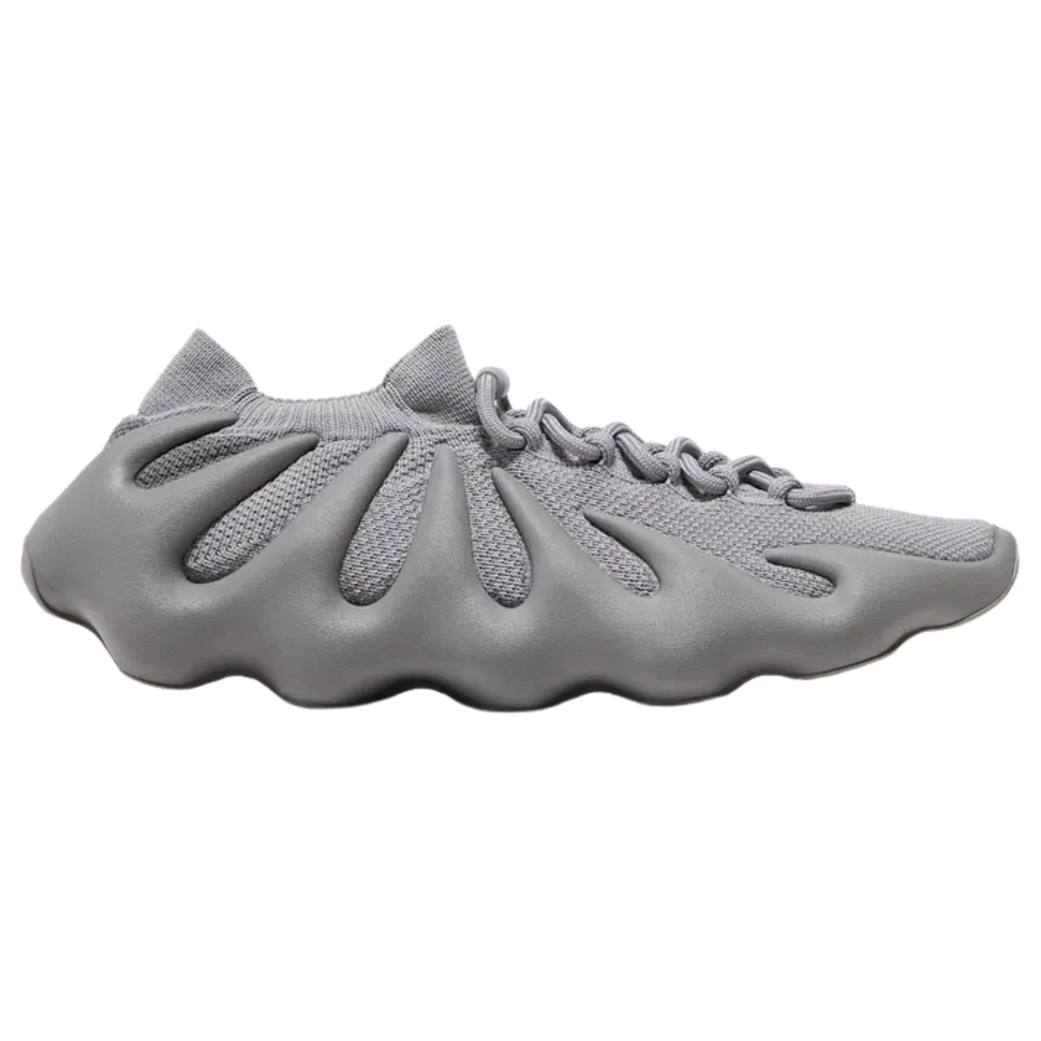 Shop the adidas Yeezy 450 ‘Stone Grey’ featuring a sleek grey one-piece knit upper with a sock-like collar and standard lace closure. The PU-injected midsole wraps up the sides for unique style and structural support, while the contoured rubber outsole offers a wavy traction pattern for optimal grip.