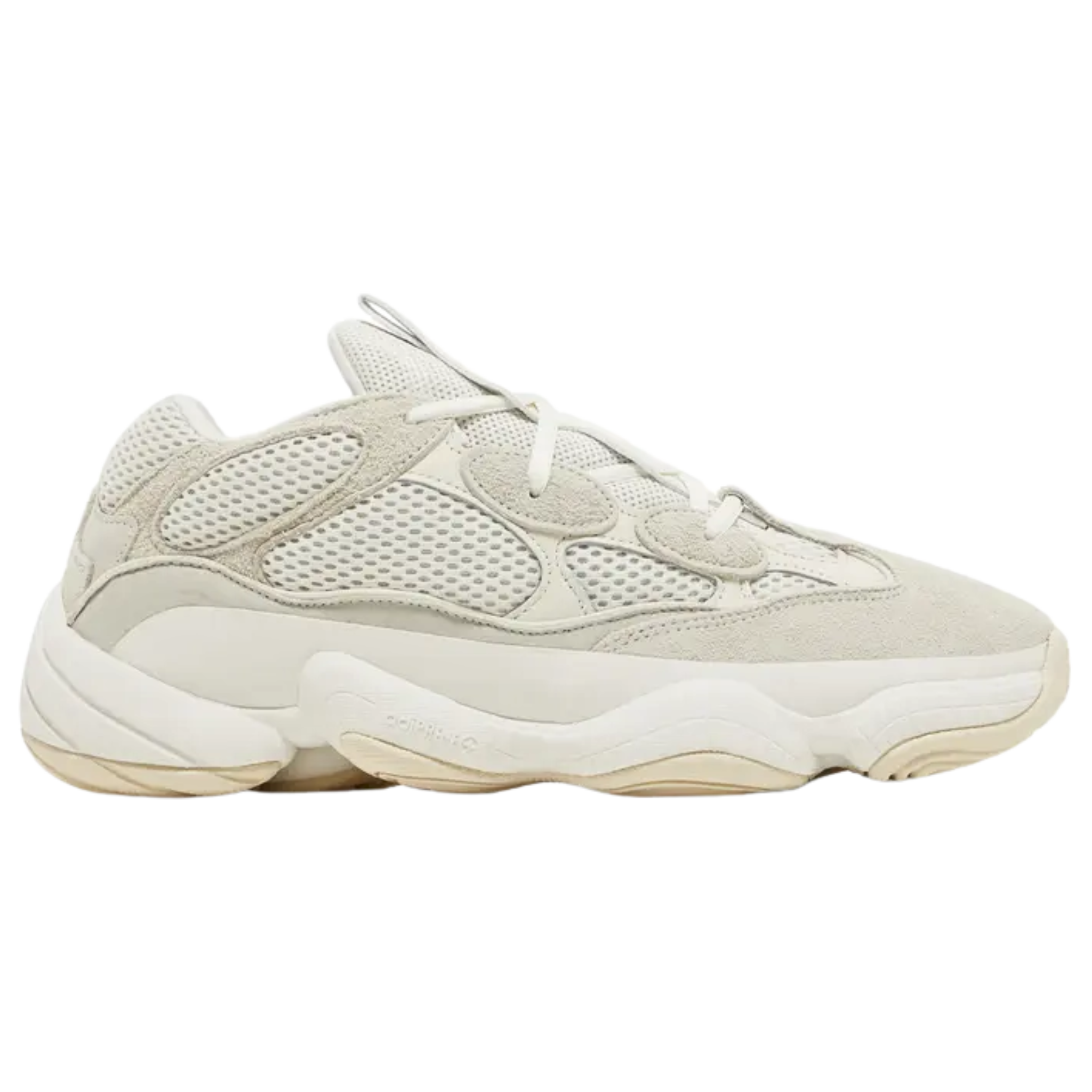 Shop the 2023 adidas Yeezy 500 ‘Bone White,’ featuring a subdued ivory colorway with a mesh upper and suede and leather overlays. The seamless rubber mudguard offers support and durability, while reflective piping enhances visibility. A podular adiPRENE+ midsole provides lightweight cushioning, inspired by the adidas KB8 3.