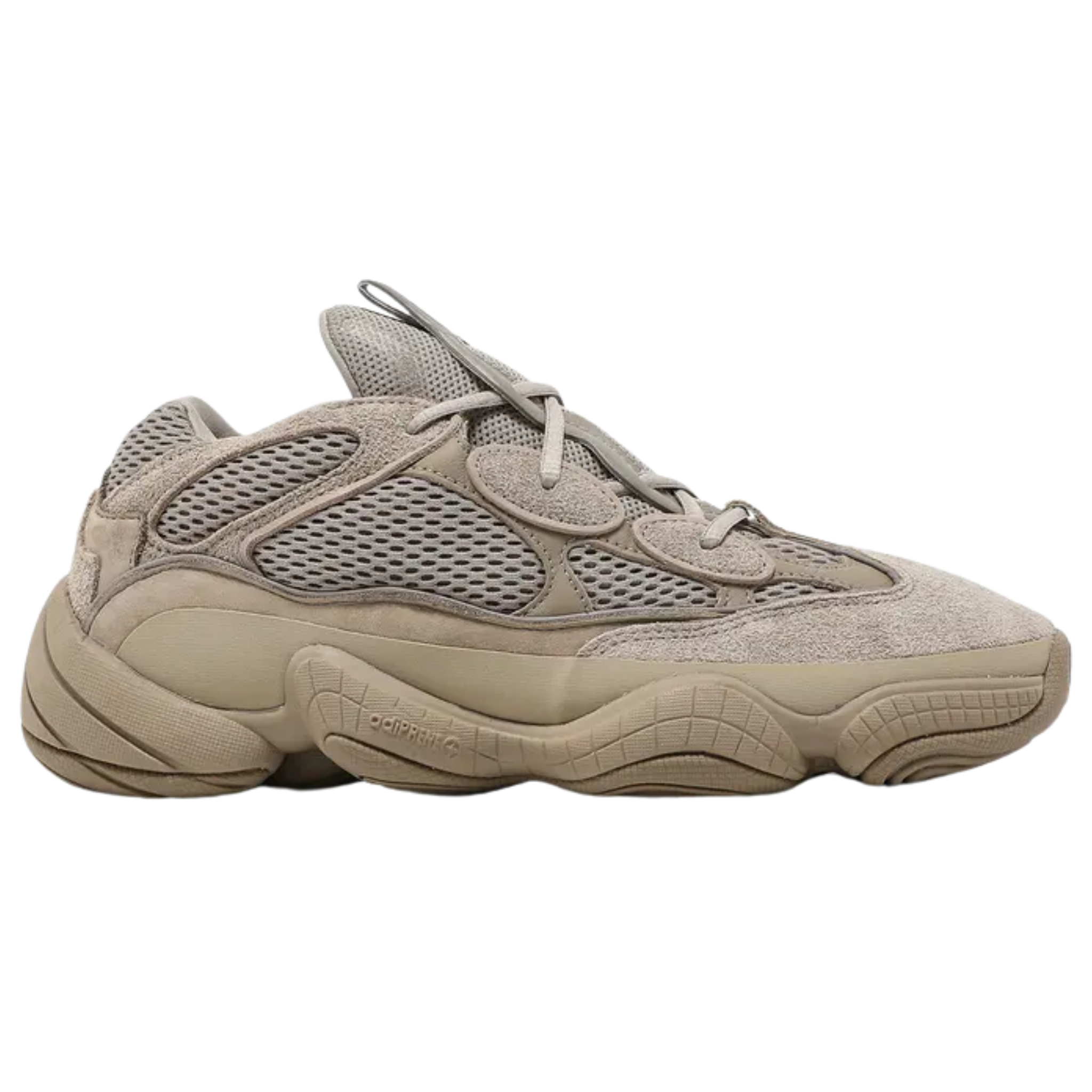 Shop the adidas Yeezy 500 ‘Taupe Light,’ featuring a monochromatic colorway with a premium mesh upper, cow suede, and leather overlays. Reflective piping around the eyelets enhances visibility, while a rubber midfoot wrap offers durability. The adiPRENE+ midsole, inspired by the adidas KB8 3, provides cushioning and support.
