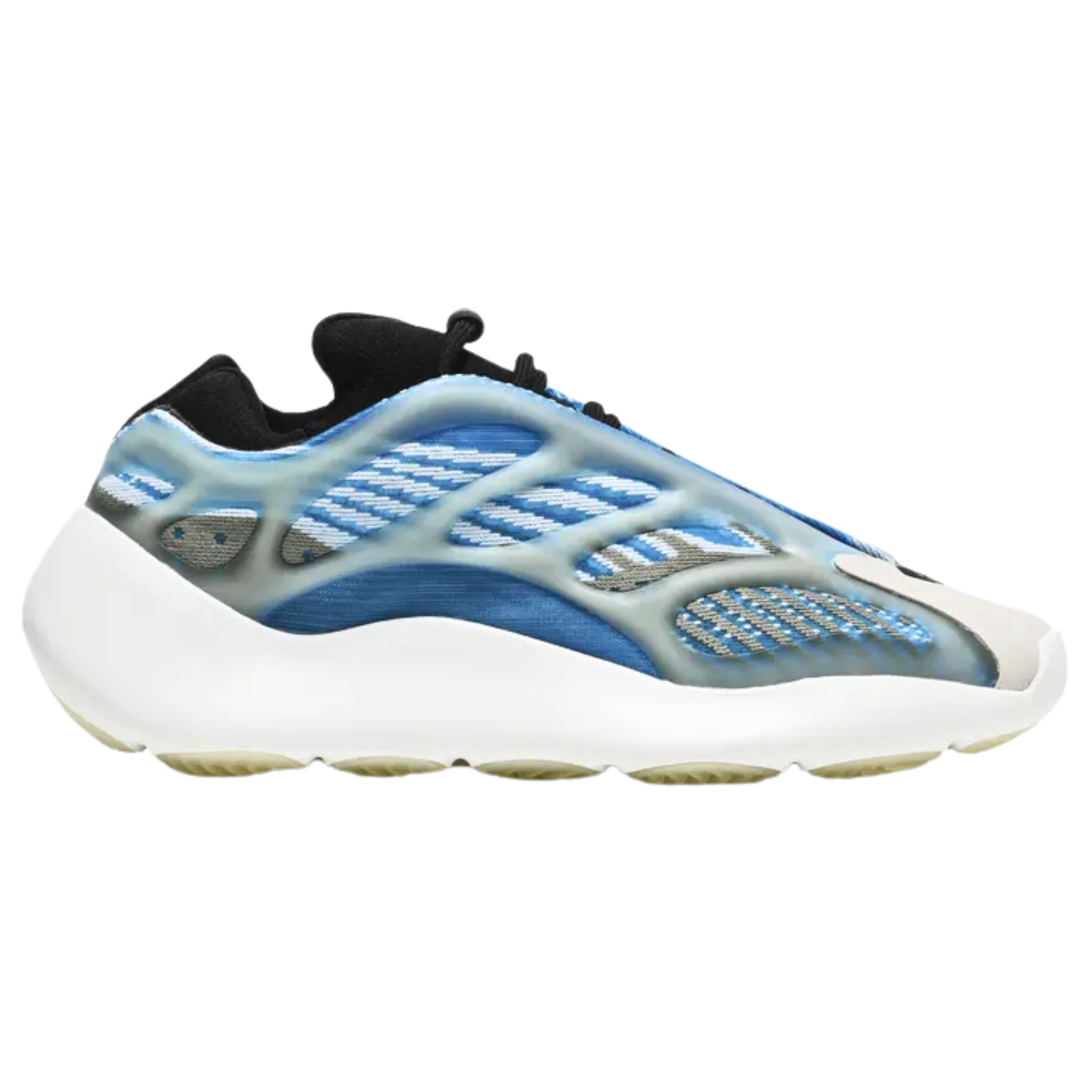 Shop the adidas Yeezy 700 V3 ‘Arzareth,’ featuring vibrant blue tones on a breathable knit upper with a semi-translucent RPU cage for added structure. The bootie-style collar ensures a snug ankle fit, while a PU-encapsulated EVA midsole and herringbone rubber outsole provide cushioning and grippy traction.