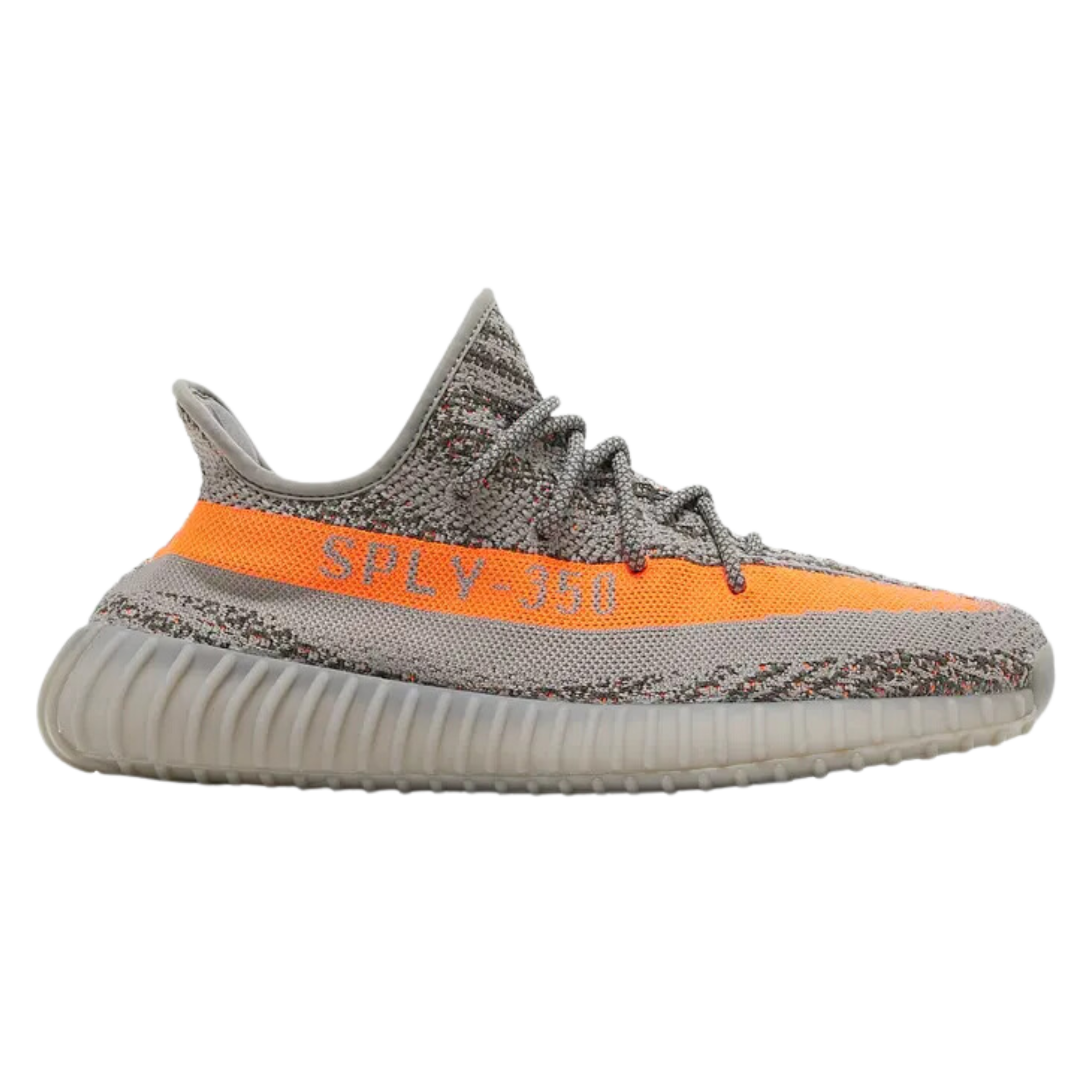 Shop the adidas Yeezy Boost 350 V2 ‘Beluga Reflective,’ featuring a grey Primeknit upper with a bold orange side stripe and SPLY-350 branding. Reflective fibers enhance visibility in low light, while the sneaker retains its iconic tooling with a full-length Boost midsole wrapped in a semi-translucent rubber cage for comfort and durability.