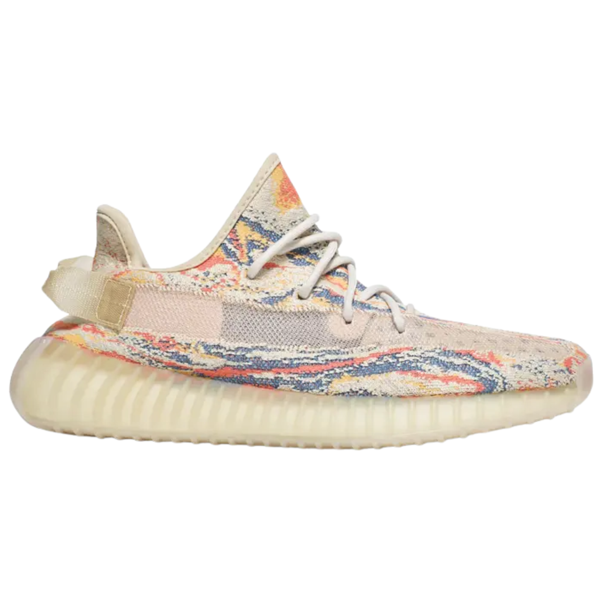 Discover the adidas Yeezy Boost 350 V2 ‘MX Oat’ with a vibrant tan, yellow, blue, and orange Primeknit upper. Featuring traditional lace closure, a pull tab, and a Boost midsole for responsive comfort, all wrapped in semi-translucent rubber.