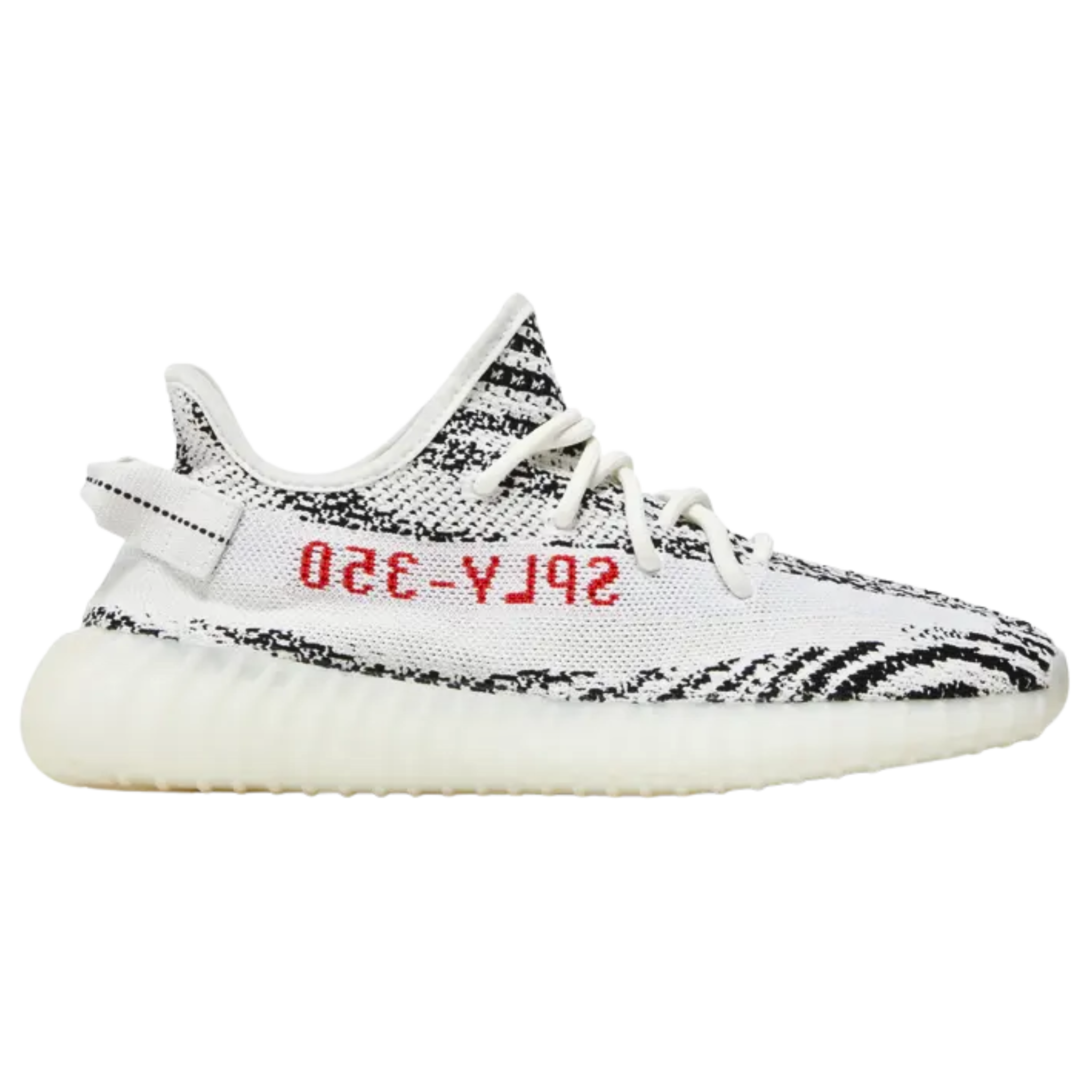 Shop the 2022 reissue of the adidas Yeezy Boost 350 V2 ‘Zebra,’ featuring a white Primeknit upper with black zebra stripes and red SPLY-350 branding. This minimalist sneaker offers a stitched pull tab for easy wear, full-length Boost cushioning, and a semi-translucent TPU cage with a grippy rubber outsole for traction and support.
