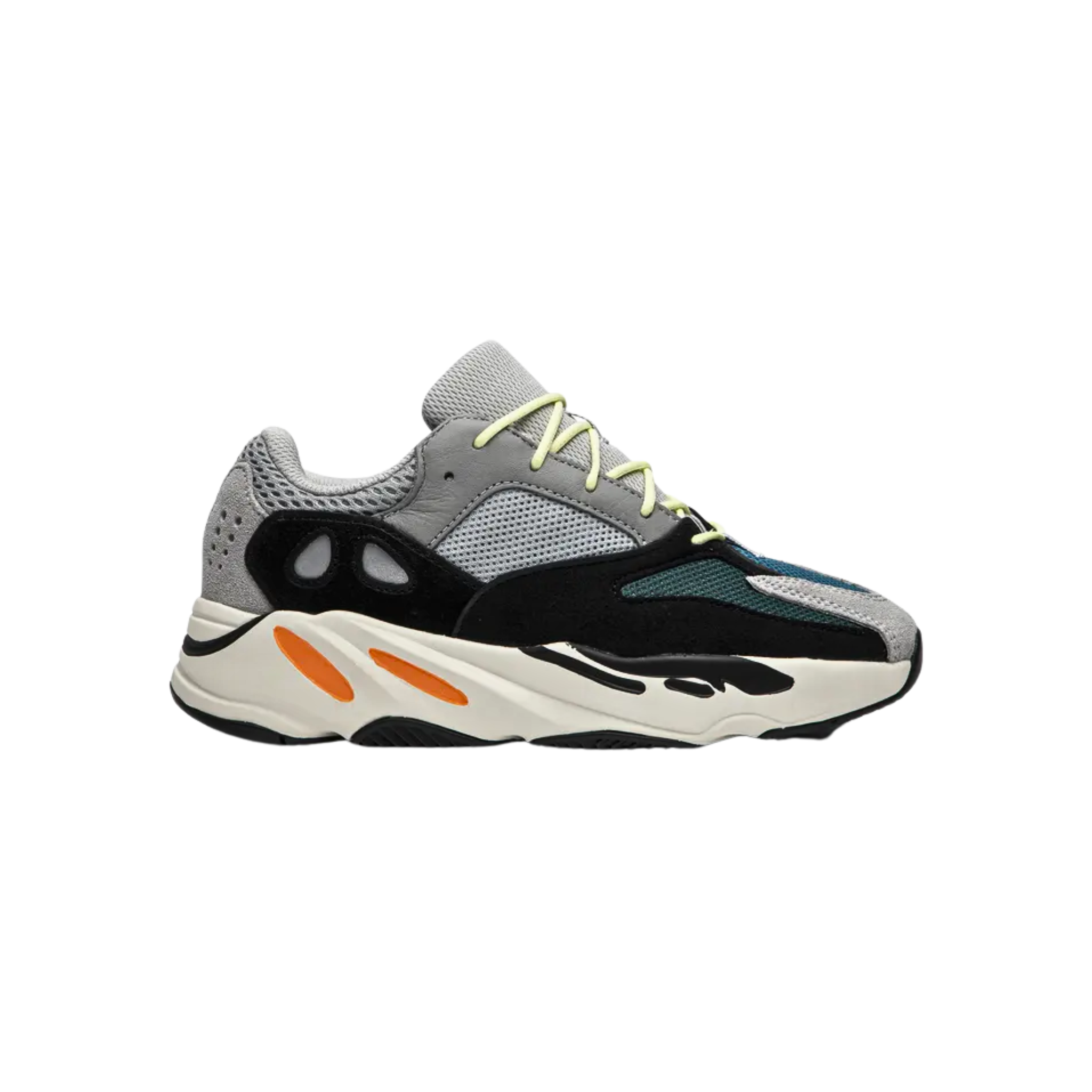 Shop the 2024 adidas Yeezy Boost 700 Kids ‘Wave Runner,’ featuring the OG 2017 colorway. The mixed-material upper combines pale grey mesh, reflective three-stripe branding, and contrasting dark teal and aqua blue hues. Black suede overlays reinforce the midfoot, while a full-length Boost midsole ensures comfort and support.