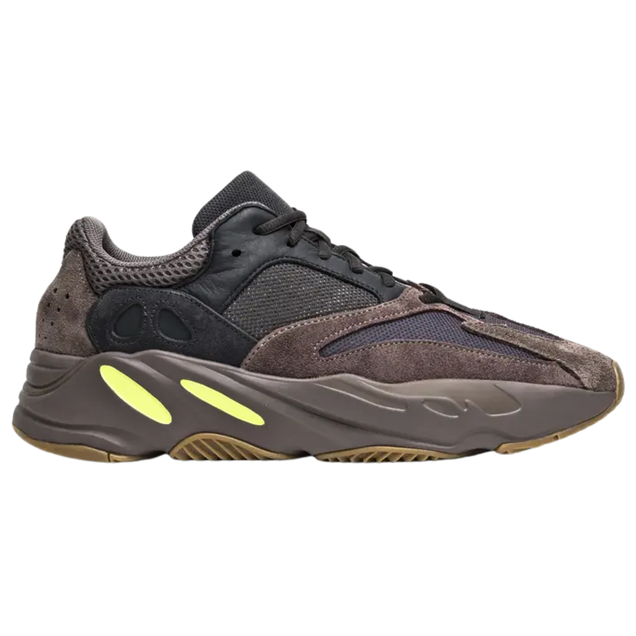 Shop the adidas Yeezy Boost 700 ‘Mauve,’ featuring a multi-layered upper in black and purplish grey with mesh, suede, and textured leather panels. The sculpted midsole is accented with neon green, while subtle exterior branding includes Three-Stripes on the quarter panel and an embossed adidas logo on the outsole.