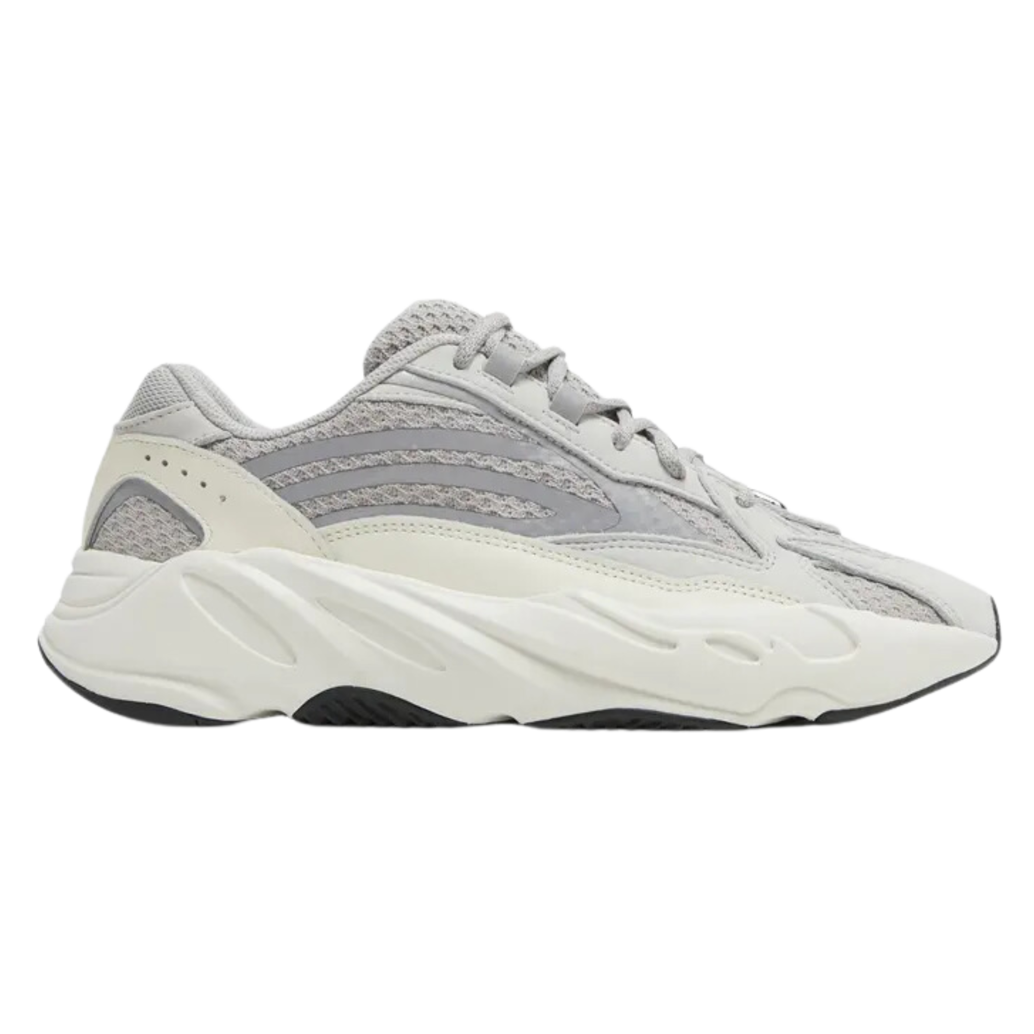 Shop the Yeezy Boost 700 V2 ‘Static’, an updated version of the original Wave Runner. Featuring a neutral colorway with grey and white tones, the upper combines mesh, reflective overlays, and leather paneling. The bulky white midsole is paired with a black rubber outsole for added support and style.