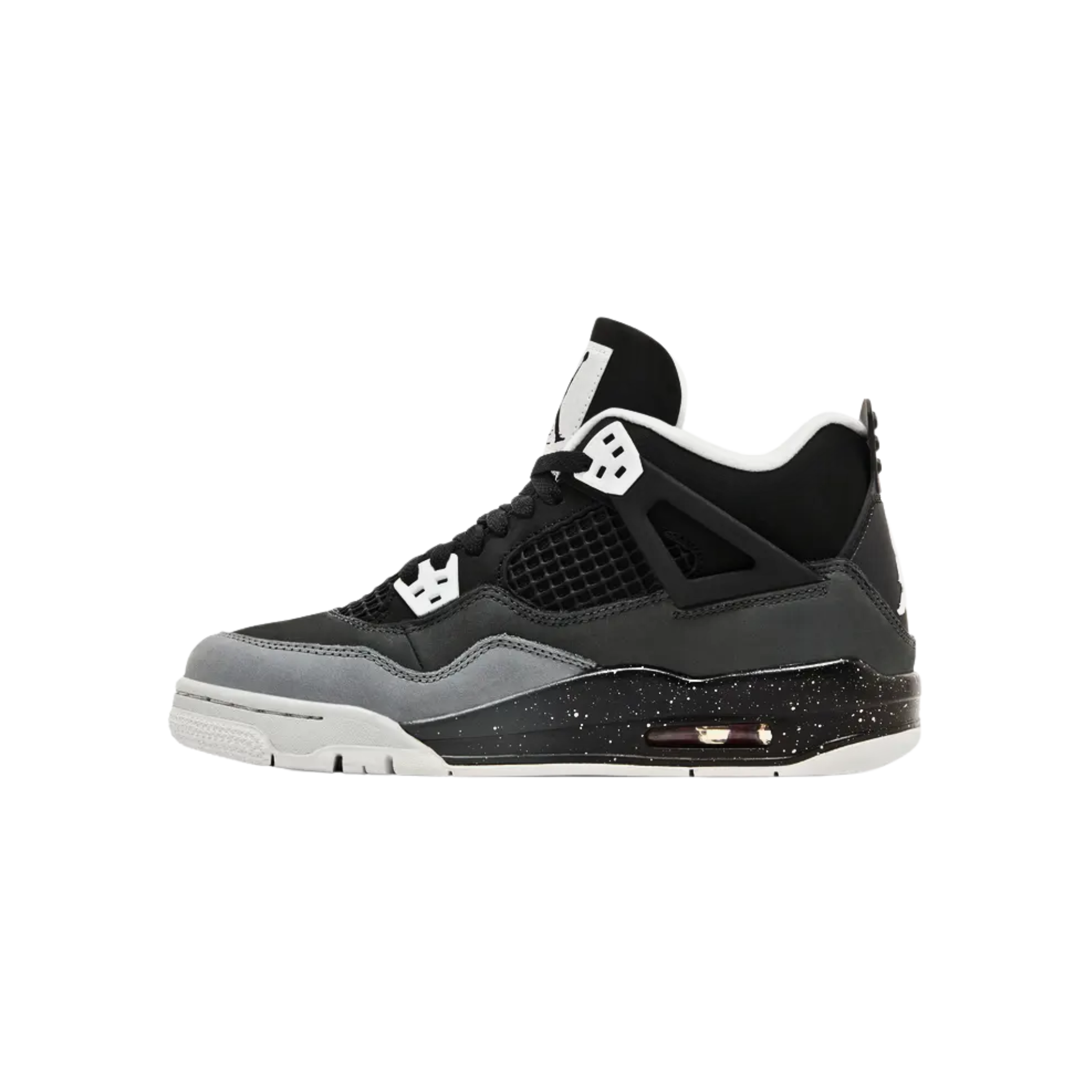 The 2024 Air Jordan 4 Retro GS 'Fear' features a black nubuck upper with Cool Grey and Pure Platinum accents, Jumpman branding on the tongue and heel, and a speckled black midsole with a red-tinged Air-sole unit.