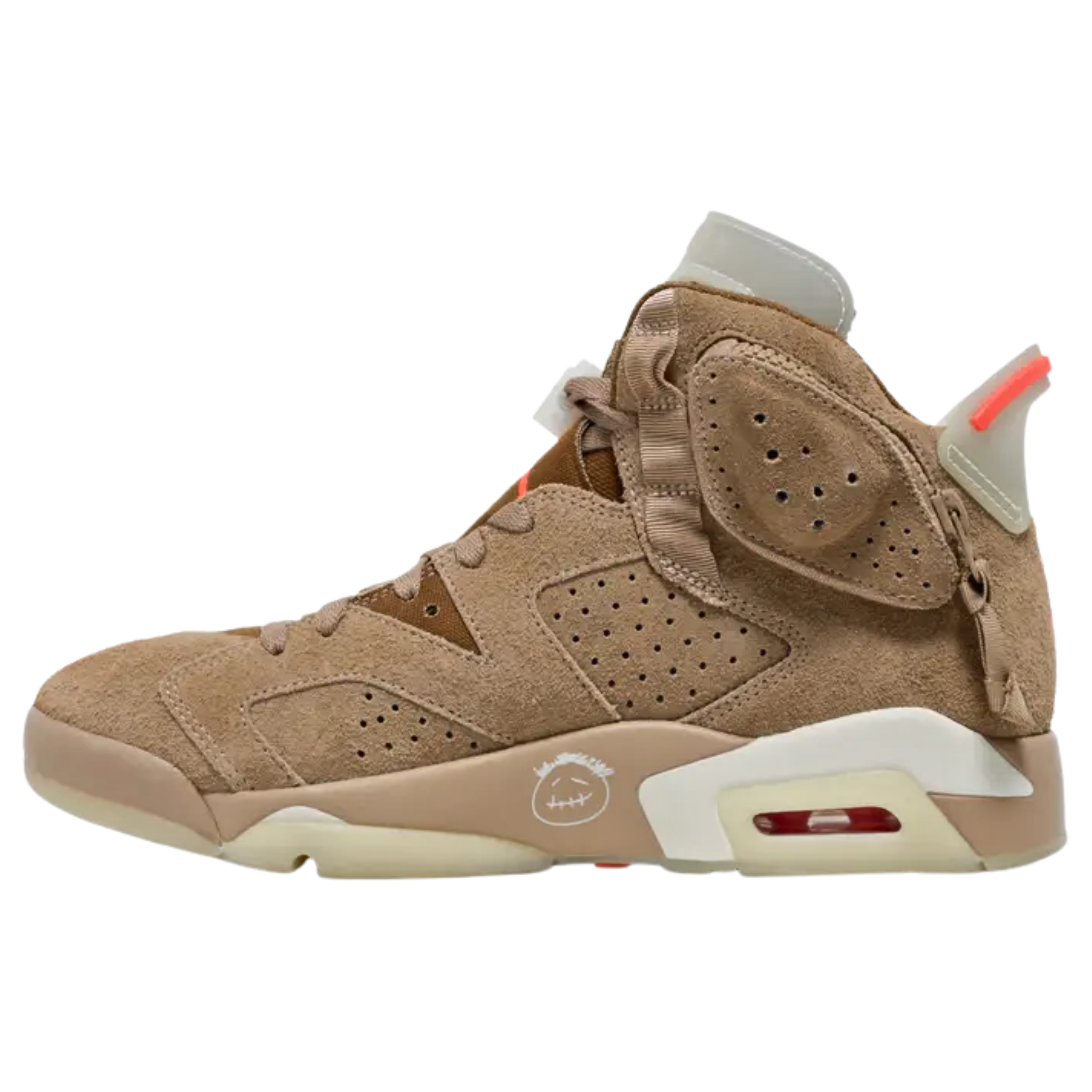 Travis Scott x Air Jordan 6 Retro 'British Khaki' featuring a suede and canvas upper with Bright Crimson accents. The design includes a stash pouch on the lateral collar, zippered detailing on the medial side, and mismatched Nike Air and Cactus Jack branding on the heels. Additional graphics are featured on the midsole, outsole, tongue, and lace lock.