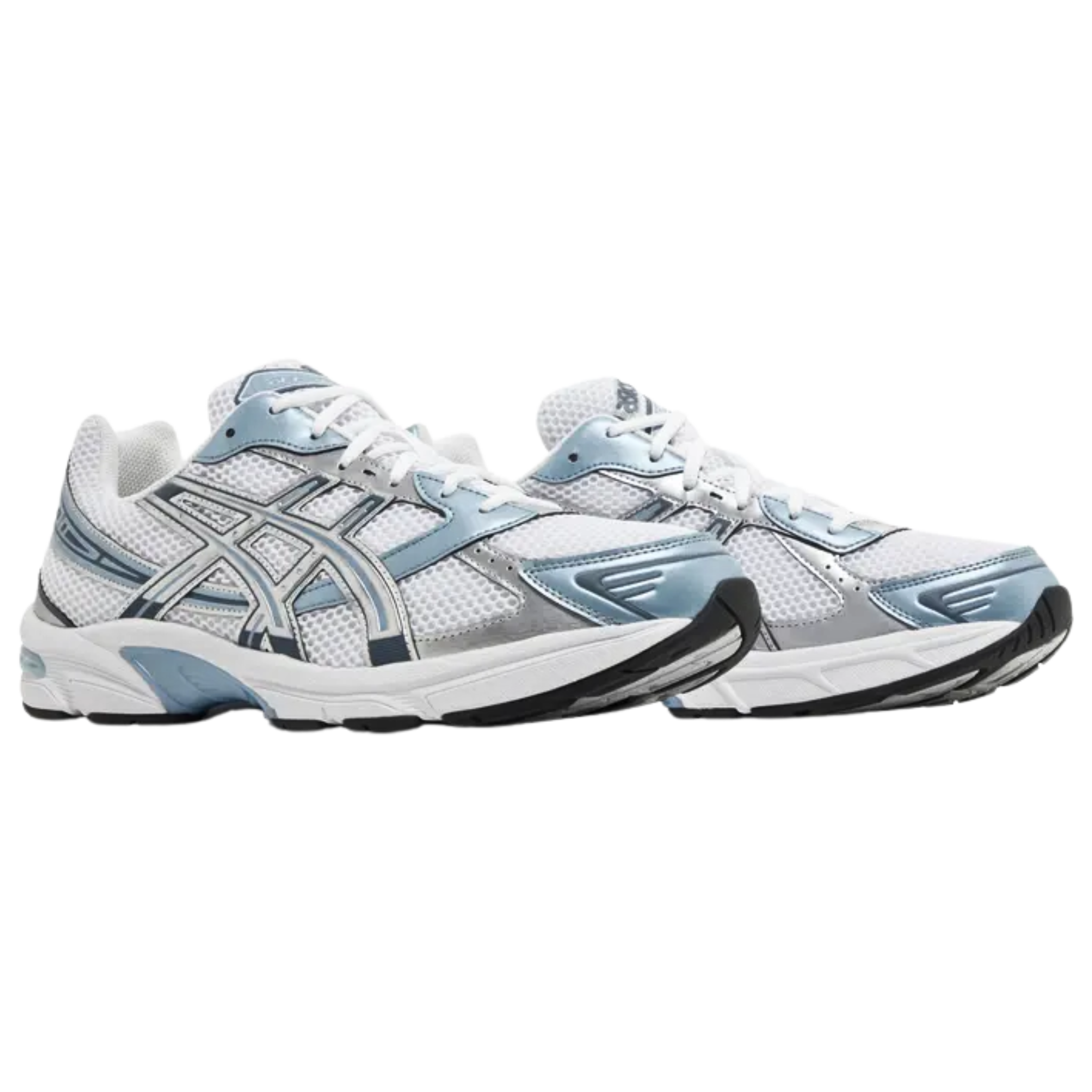 The ASICS Gel 1130 'White Shark Skin' sneaker features a breathable white mesh upper with steel blue synthetic leather overlays and metallic silver tiger stripes. ASICS branding adorns the tongue and sockliner. The sneaker is equipped with a lightweight EVA midsole, visible Gel cushioning in the heel, and a durable rubber outsole with the TRUSSTIC support system, featuring a TPU shank for enhanced stability and performance.